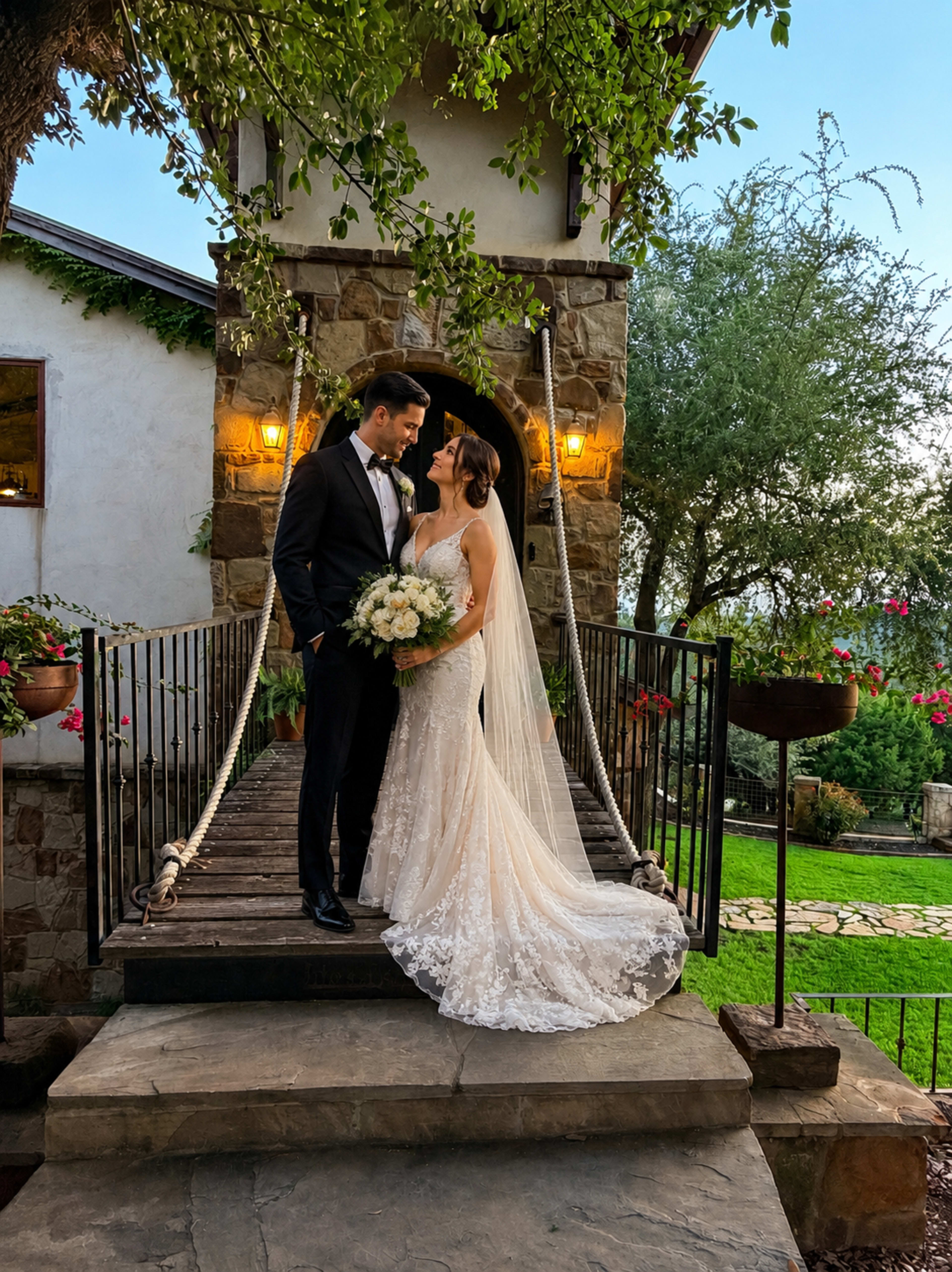 A couple in formal wedding attire stands on a stone pathway, gazing at each other, with a rustic stone building and lush greenery in the background.