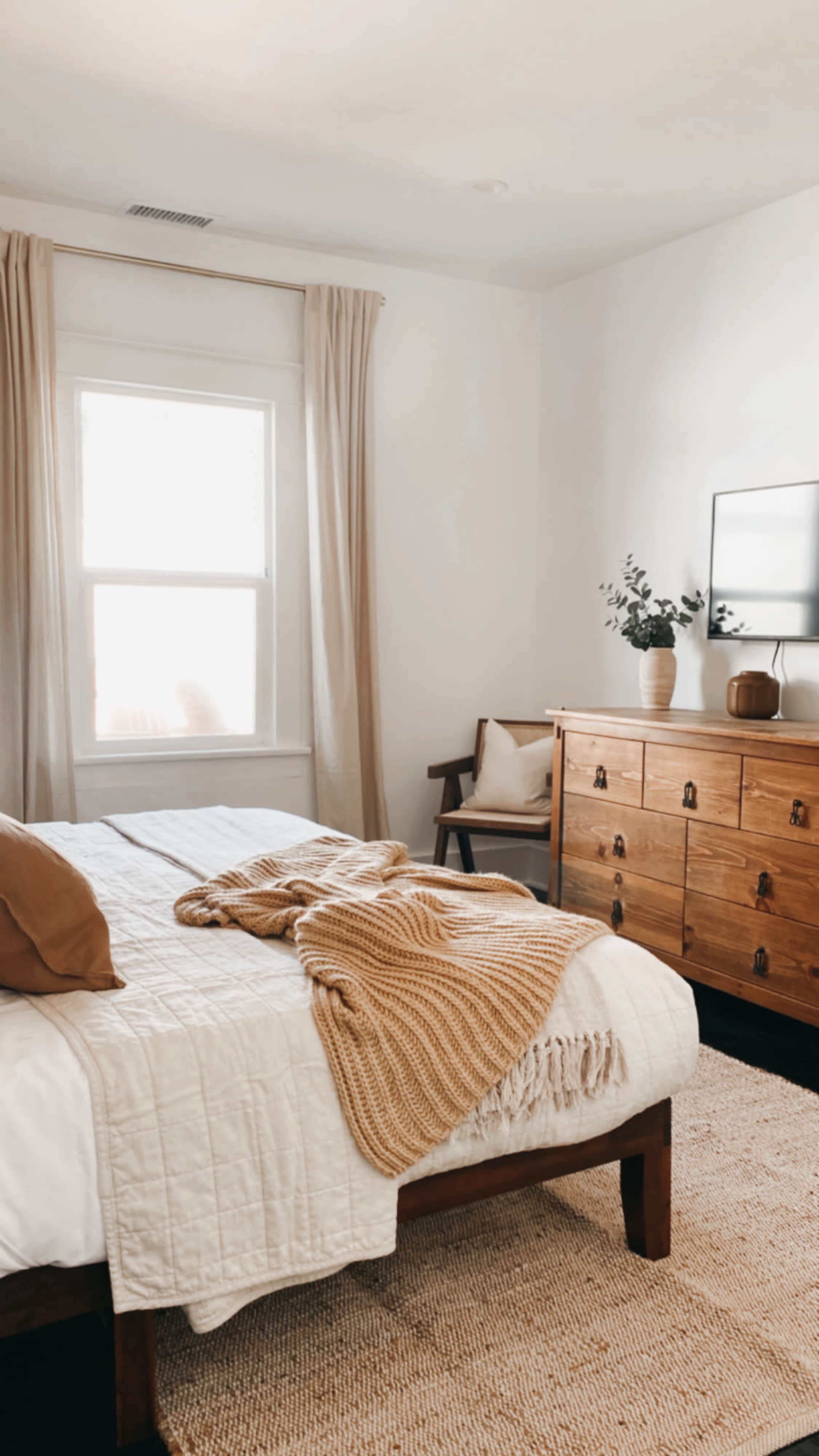 A well-lit bedroom features a bed with a textured blanket, a wooden dresser, and a chair near a window.