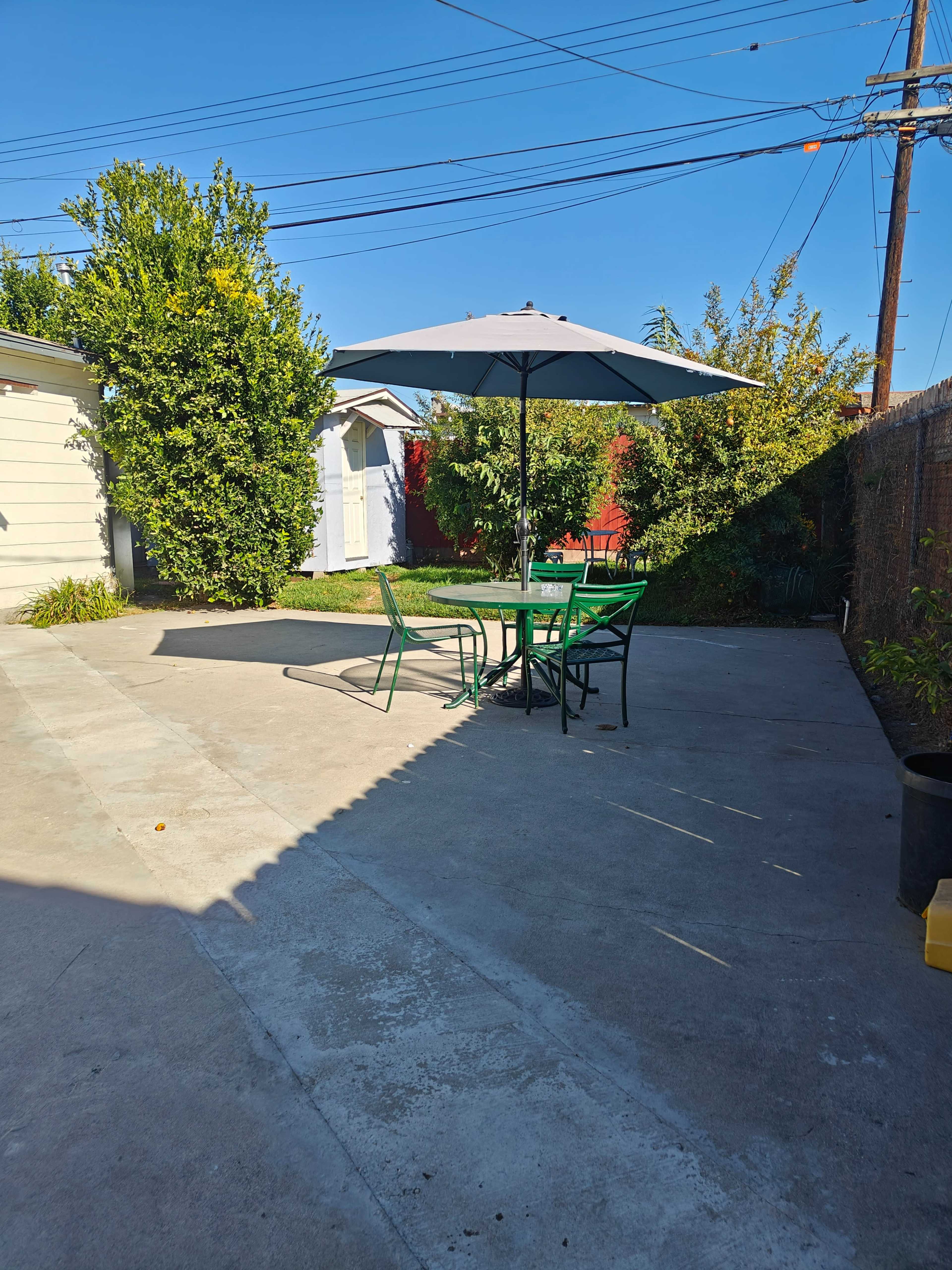 A concrete patio features a green table and chairs under a large umbrella, with a shed and trees in the background.