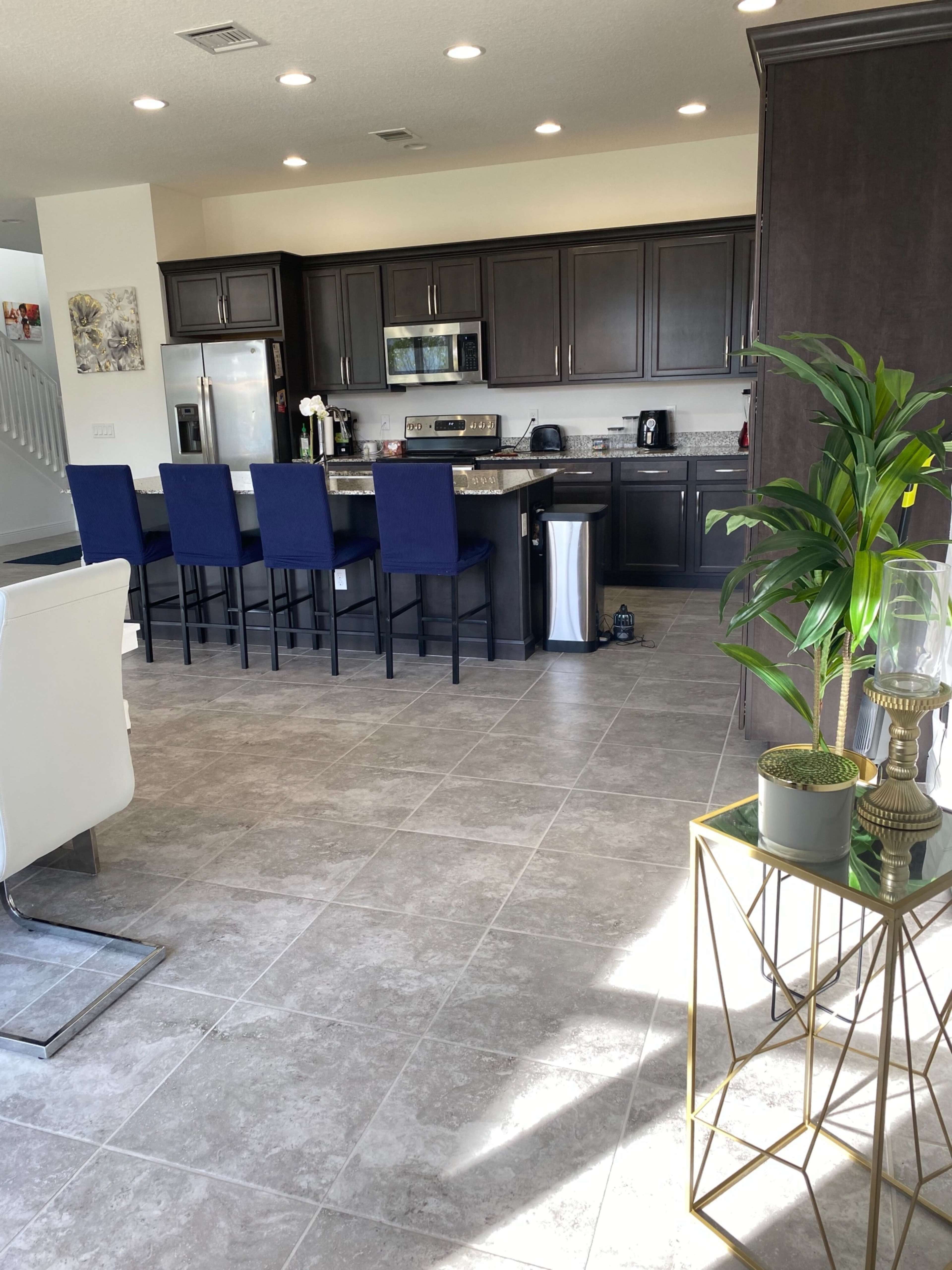 A modern kitchen with dark cabinetry, stainless steel appliances, and blue bar stools around a central island, featuring a dining area with a potted plant and decorative table.