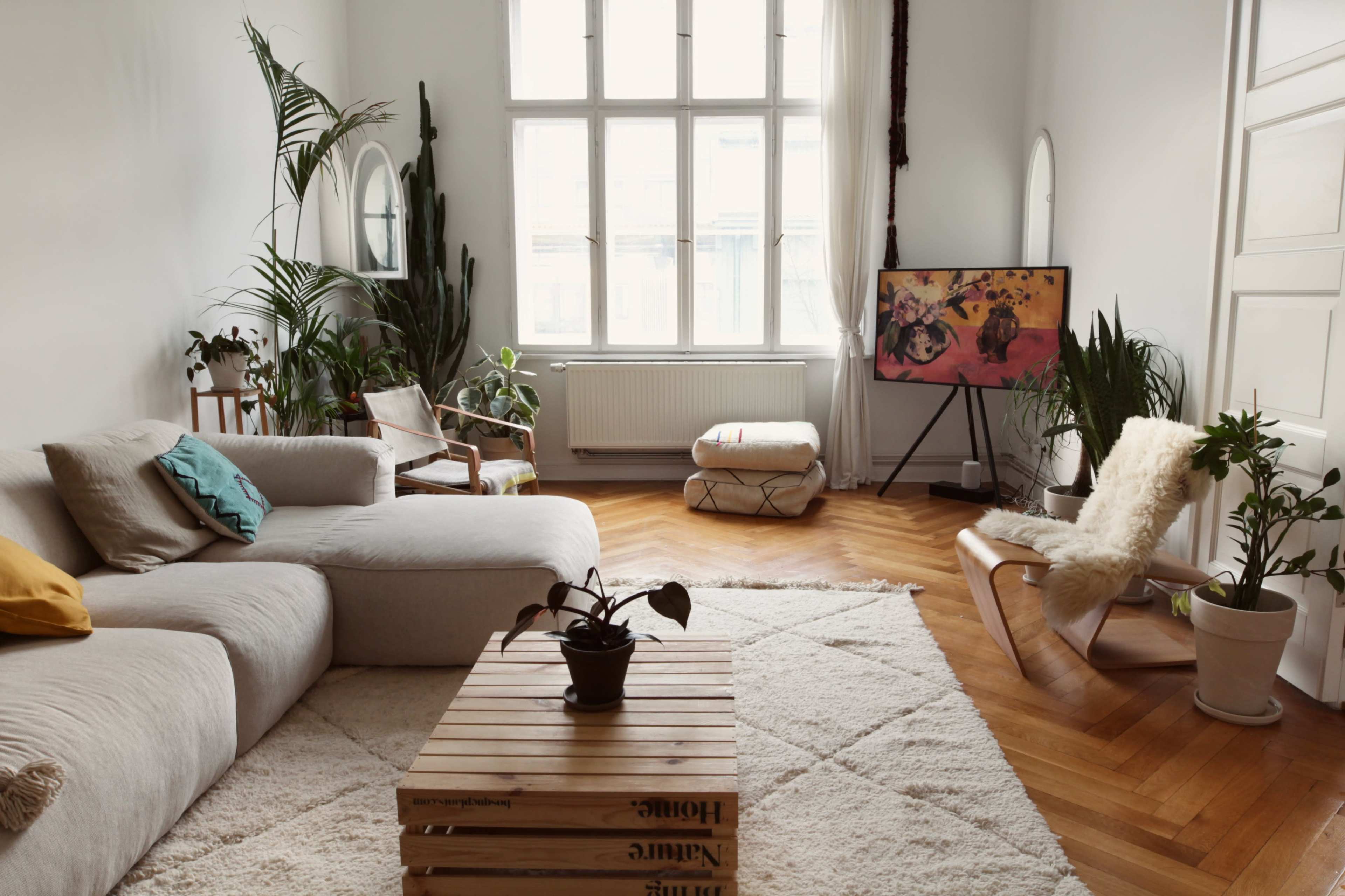 The image depicts a modern living room featuring a large neutral couch, a wooden coffee table, potted plants, and a television on a stand.