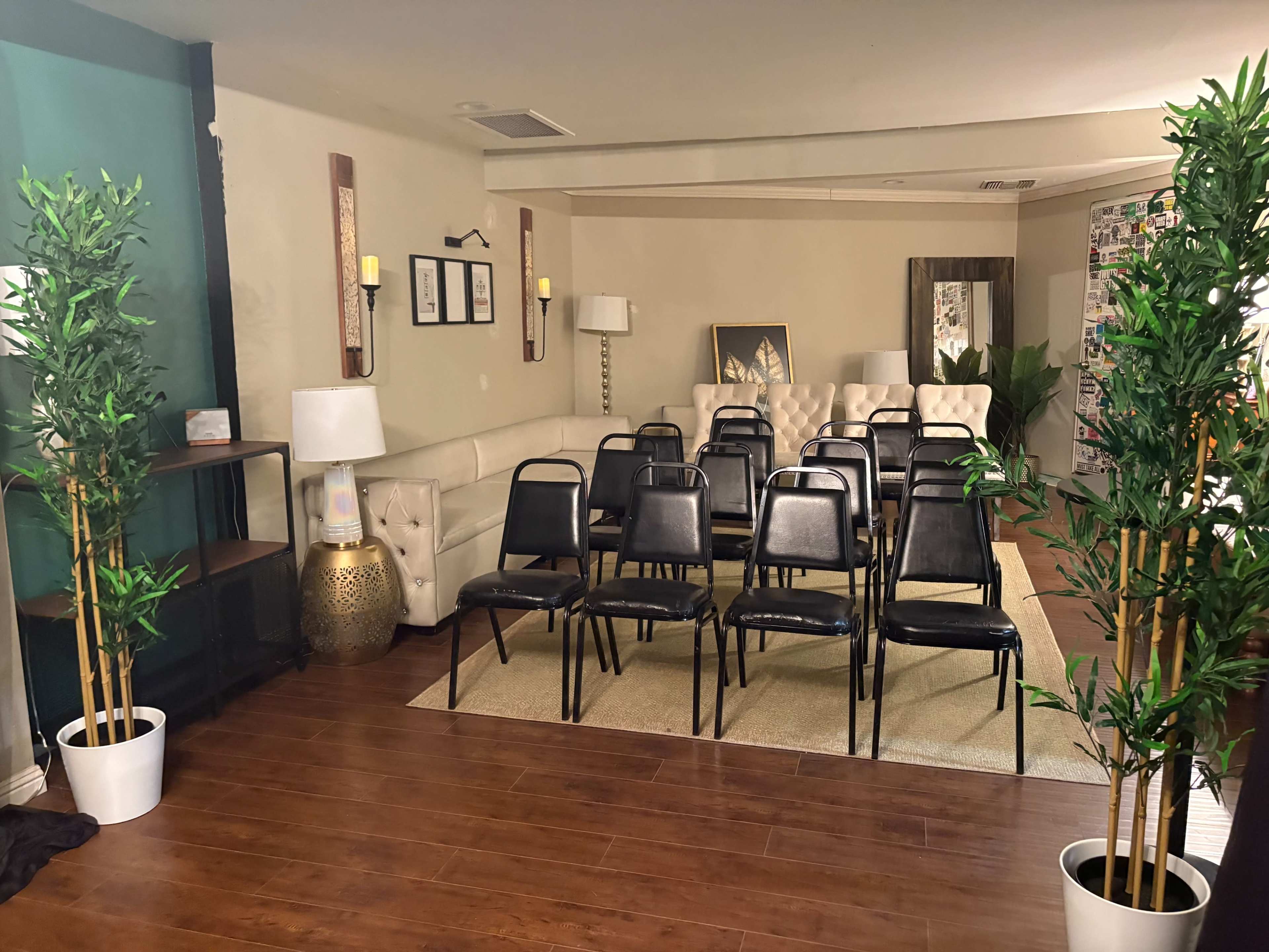 The image shows a room set up with several black chairs arranged in rows, flanked by potted plants, with a couch and some decorative furniture in the background.