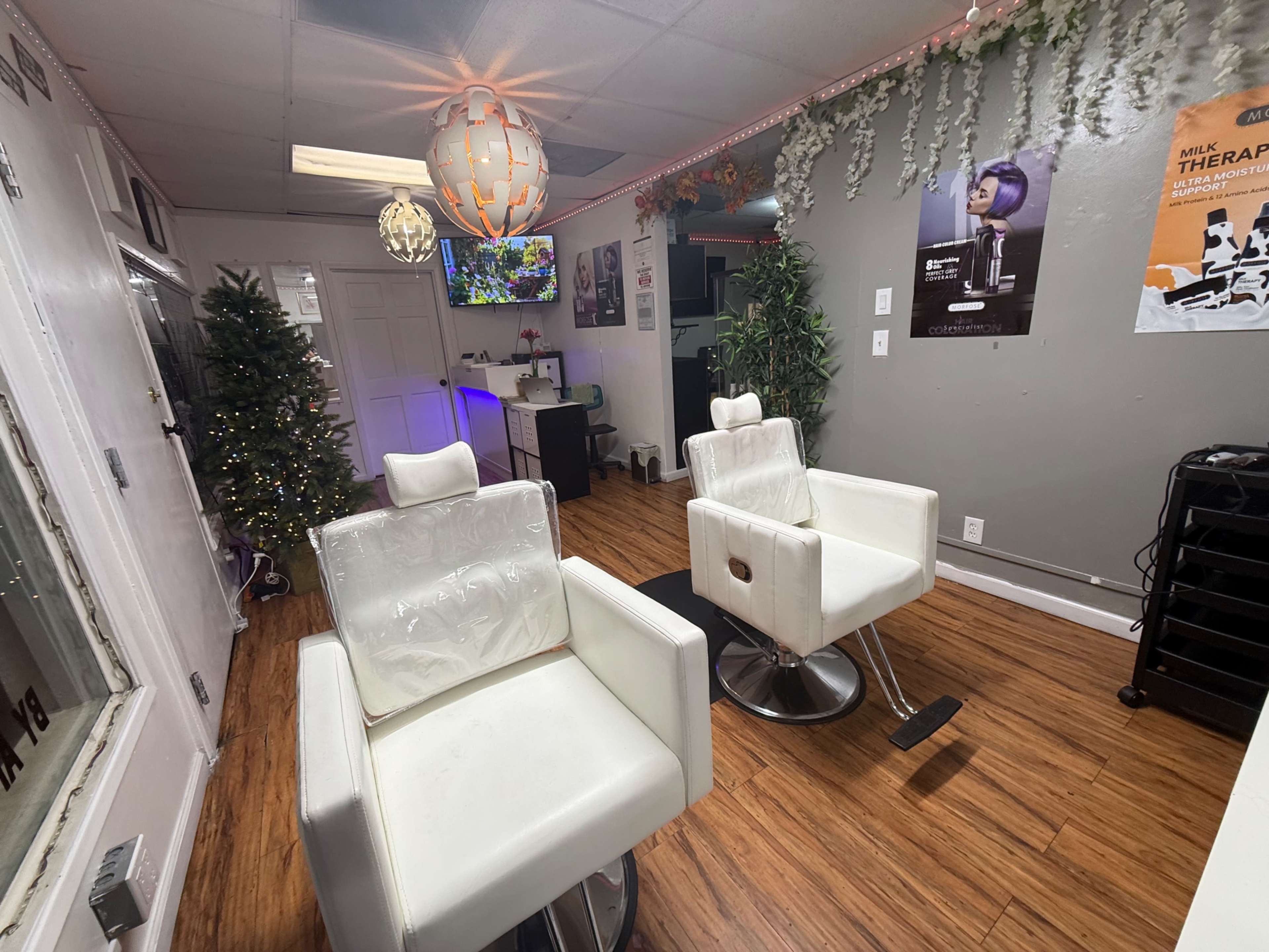 The image shows a modern salon interior with two white styling chairs, potted plants, and a television on the wall, illuminated by decorative lighting.