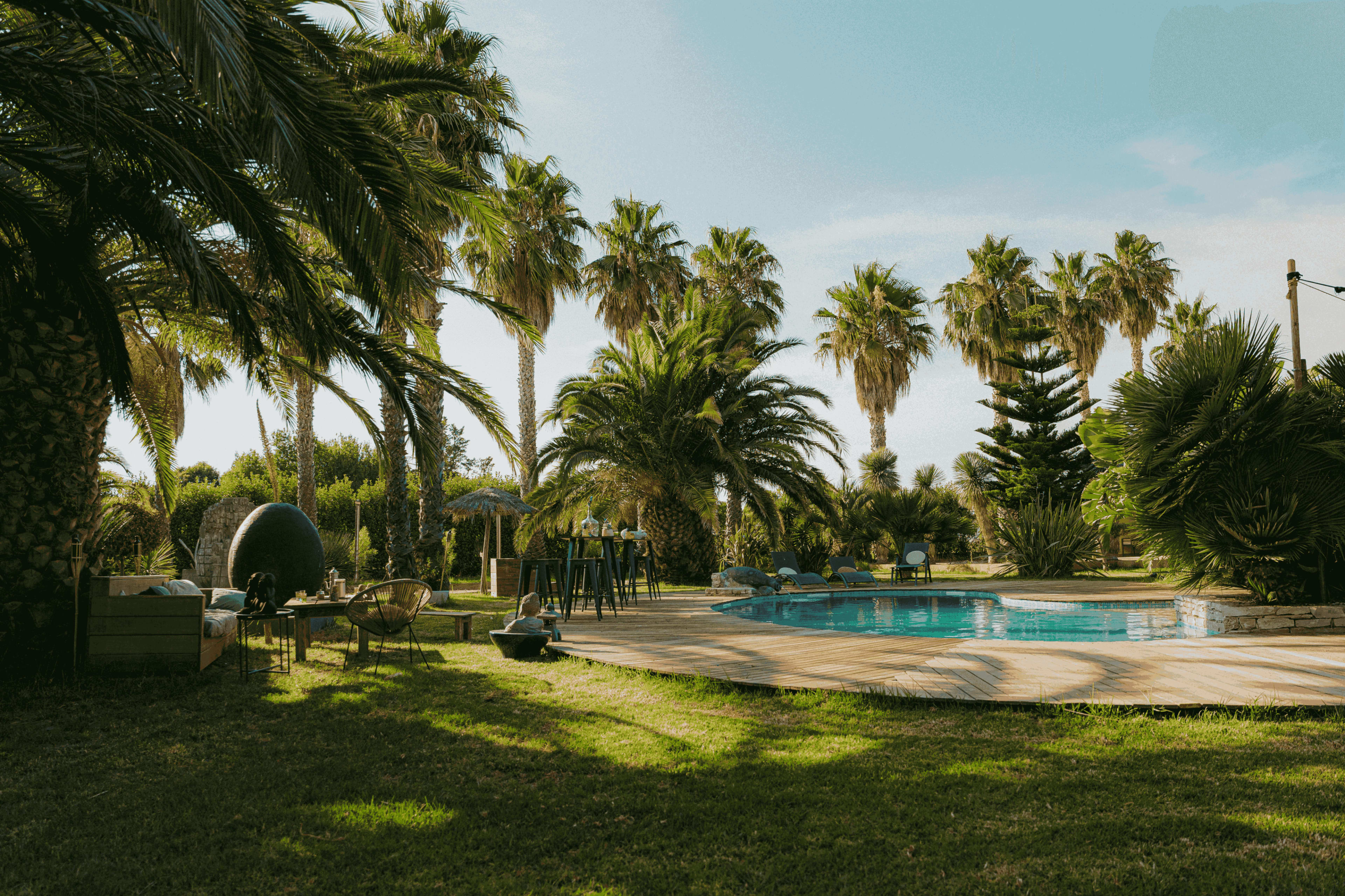 The scene features a tranquil outdoor area with a swimming pool surrounded by palm trees and lounge seating.