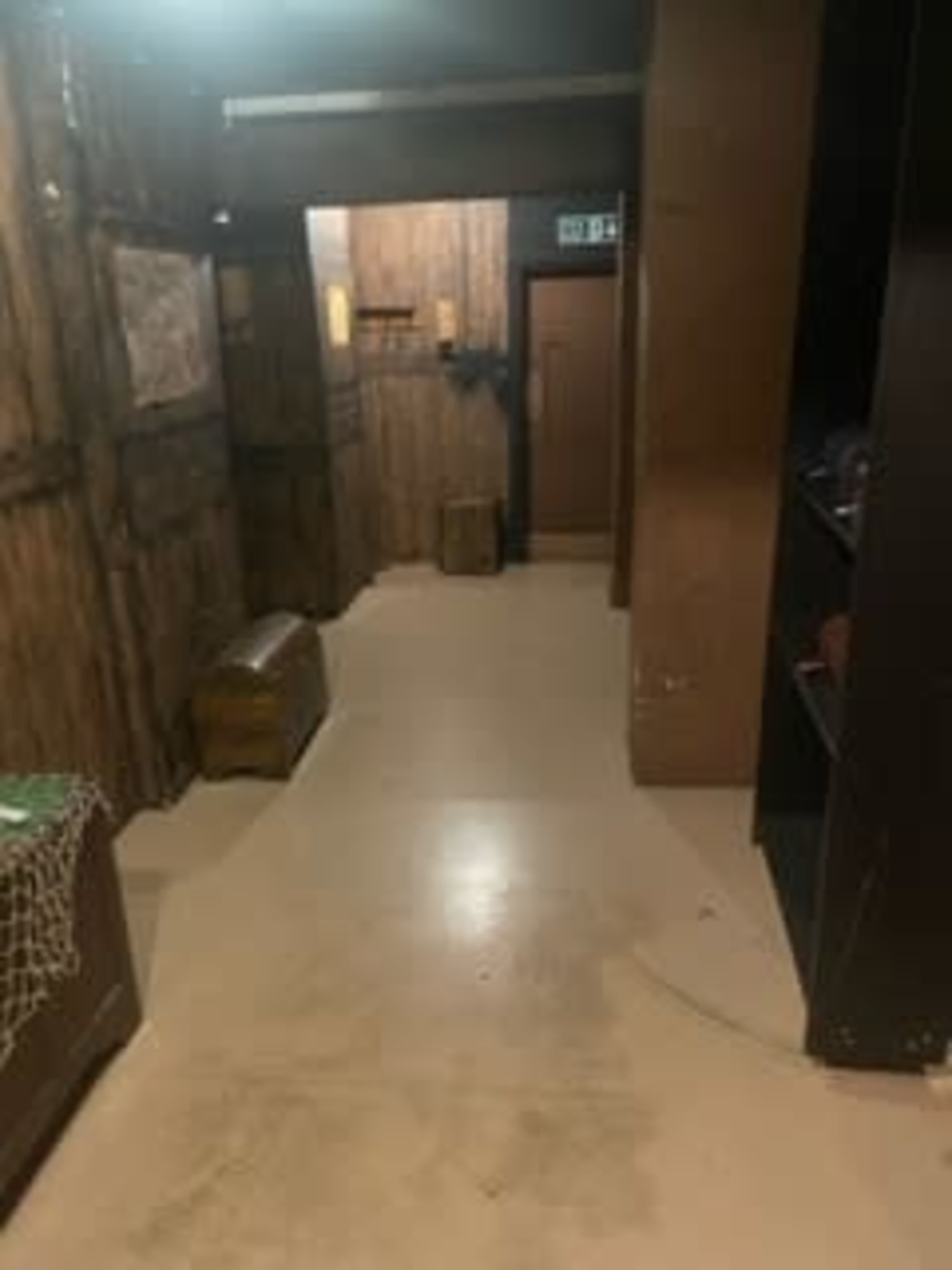 A narrow hallway with wooden walls, a door at the end, and a couple of boxes on the floor.