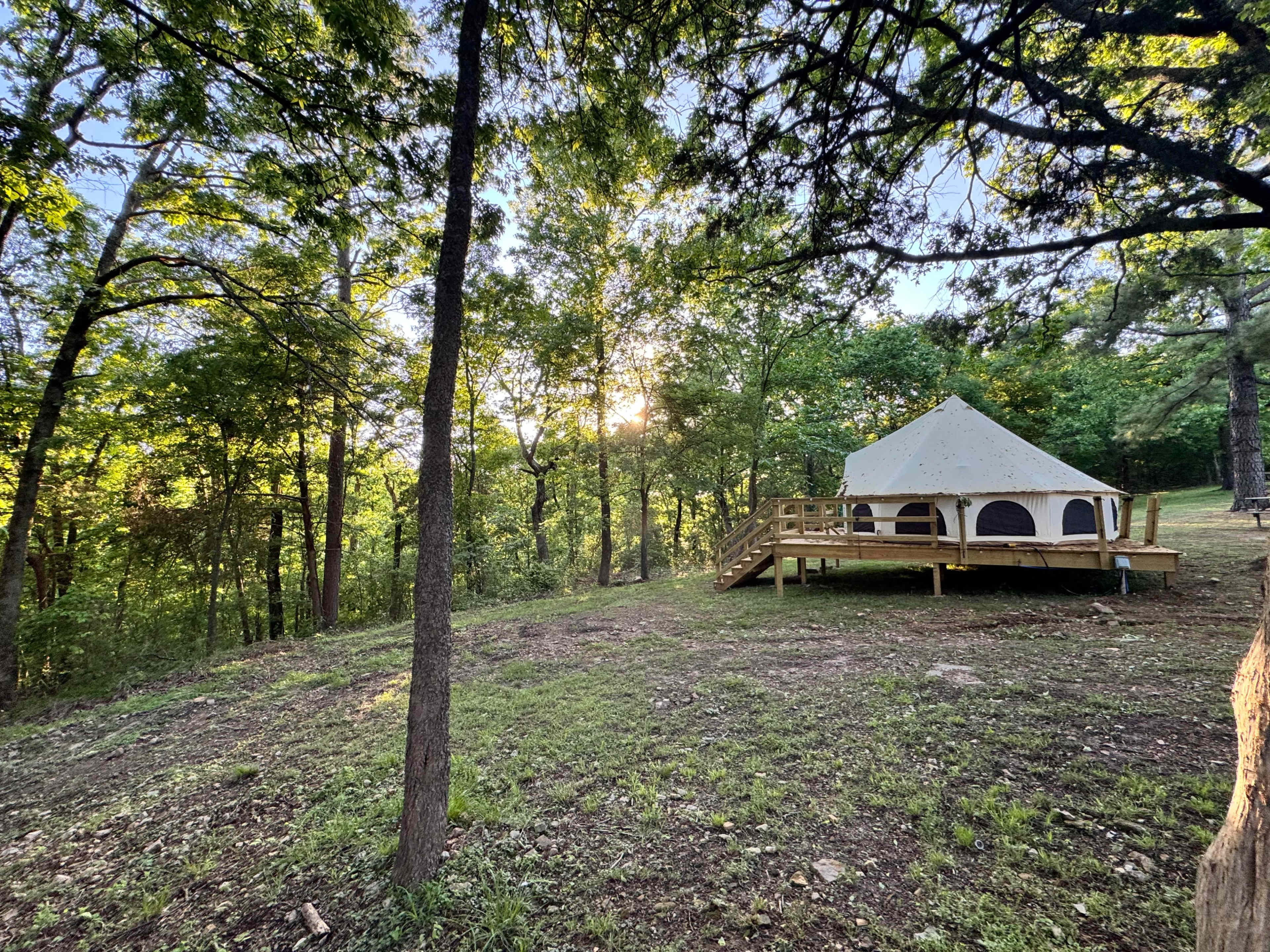 A tent with a wooden deck is situated in a wooded area, with sunlight filtering through the trees.