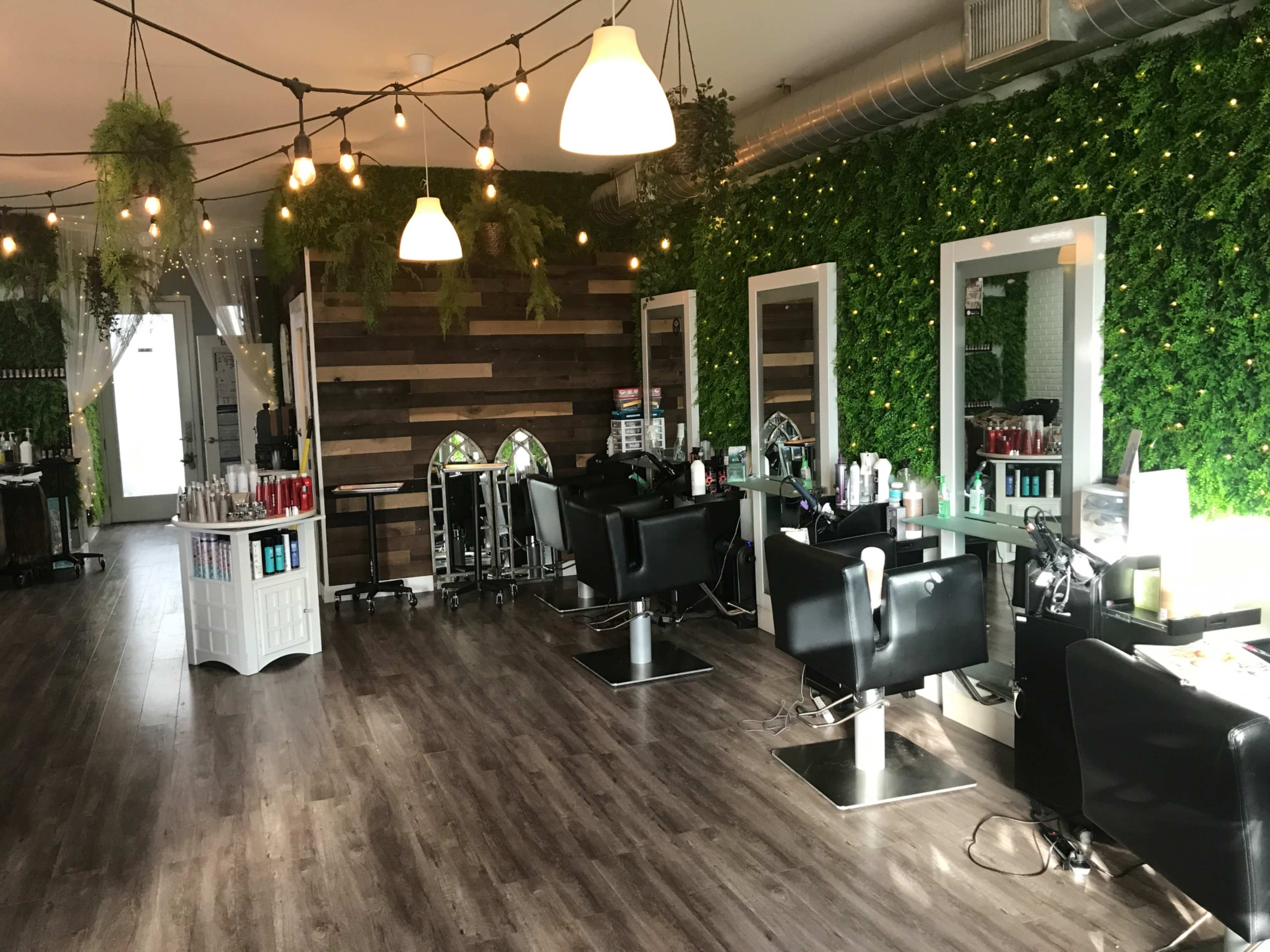The image shows a salon interior featuring black styling chairs, mirrored stations, and greenery on the walls, with overhead pendant lights illuminating the space.