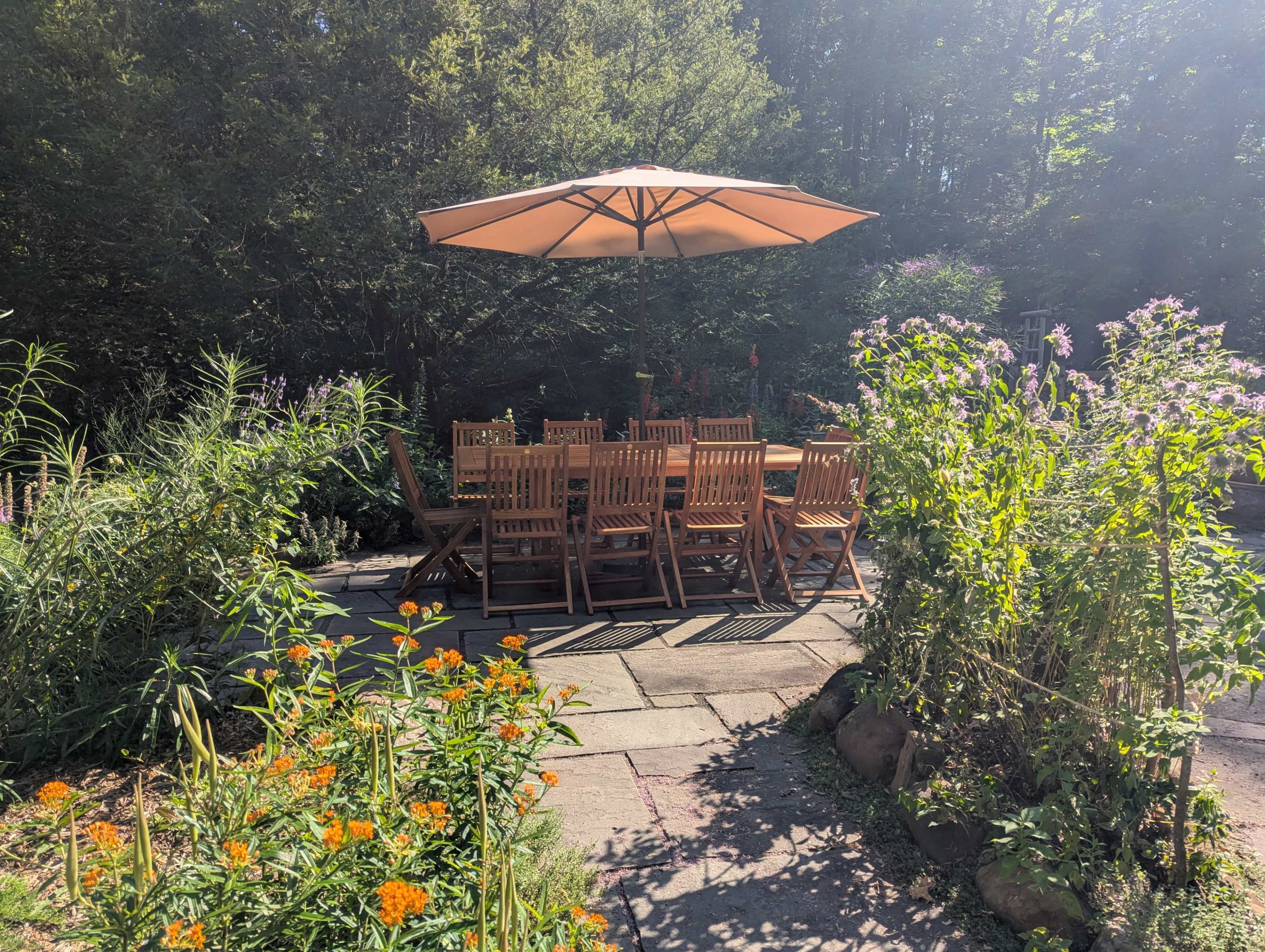A wooden dining table set under a large umbrella is surrounded by lush greenery and blooming flowers in a garden setting.