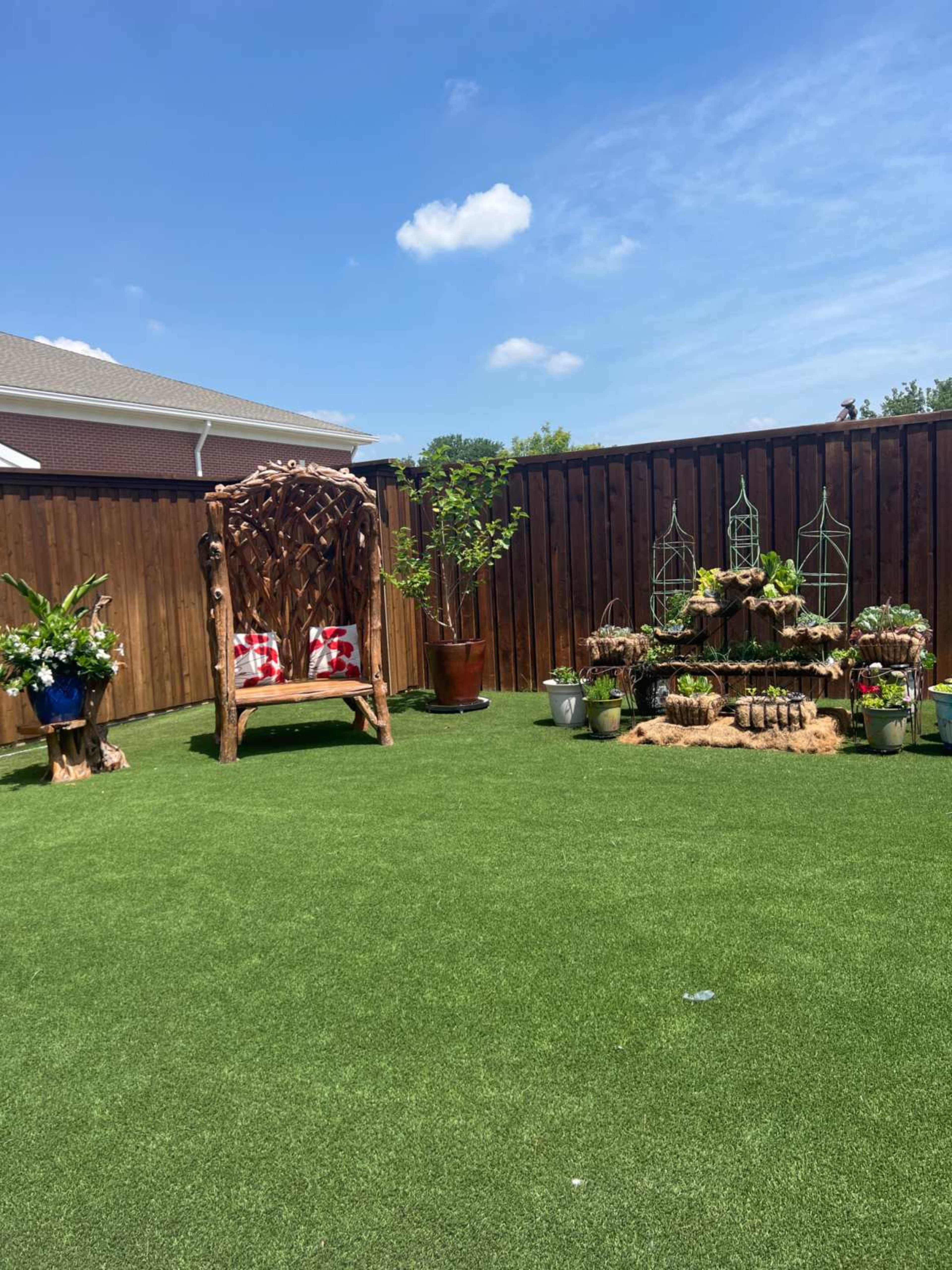 A backyard features a decorative wooden chair with cushions, surrounded by potted plants and a stone arrangement against a wooden fence.
