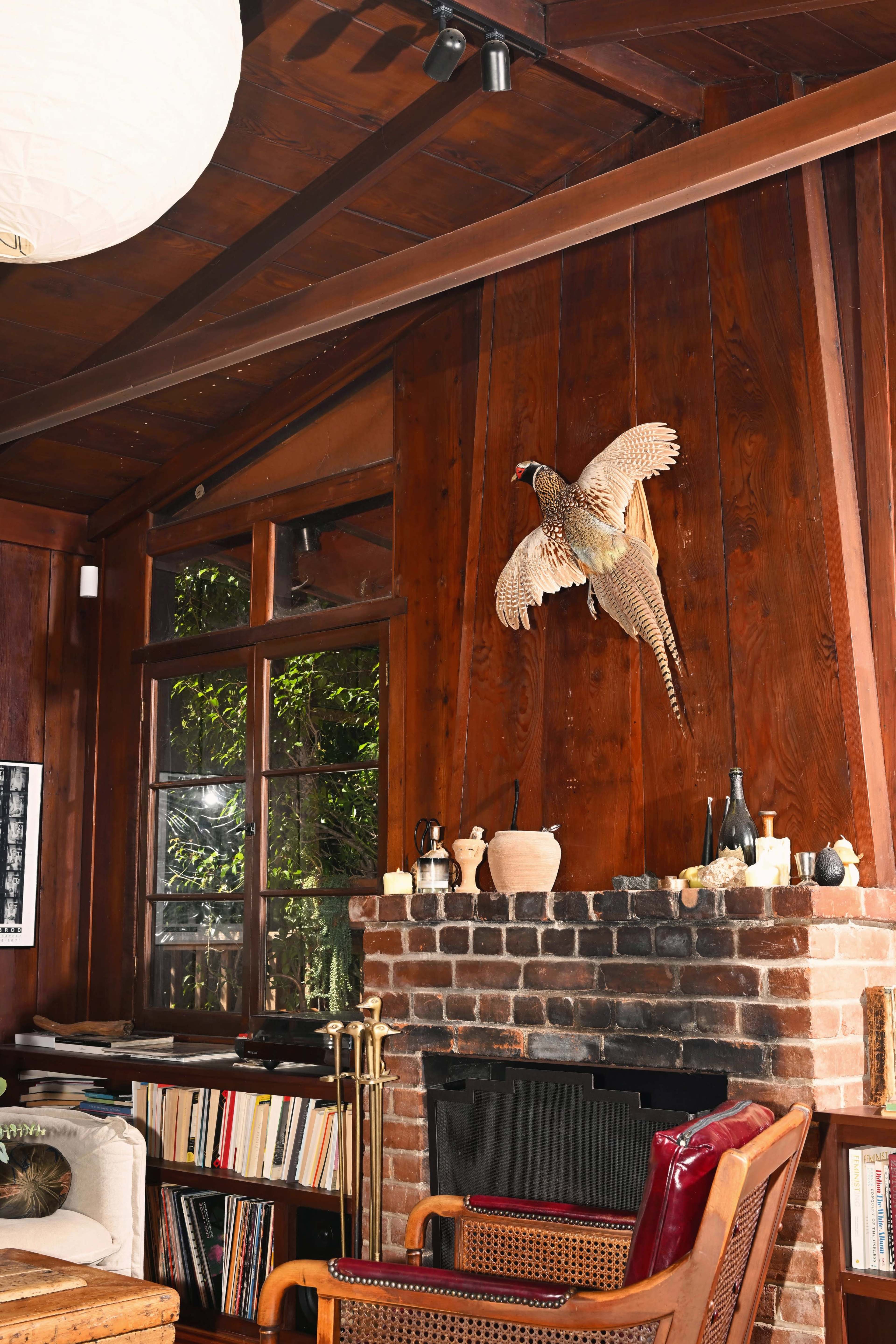 The image shows a rustic living room with wooden walls, a brick fireplace, and a mounted pheasant on the wall, alongside bookshelves filled with books.