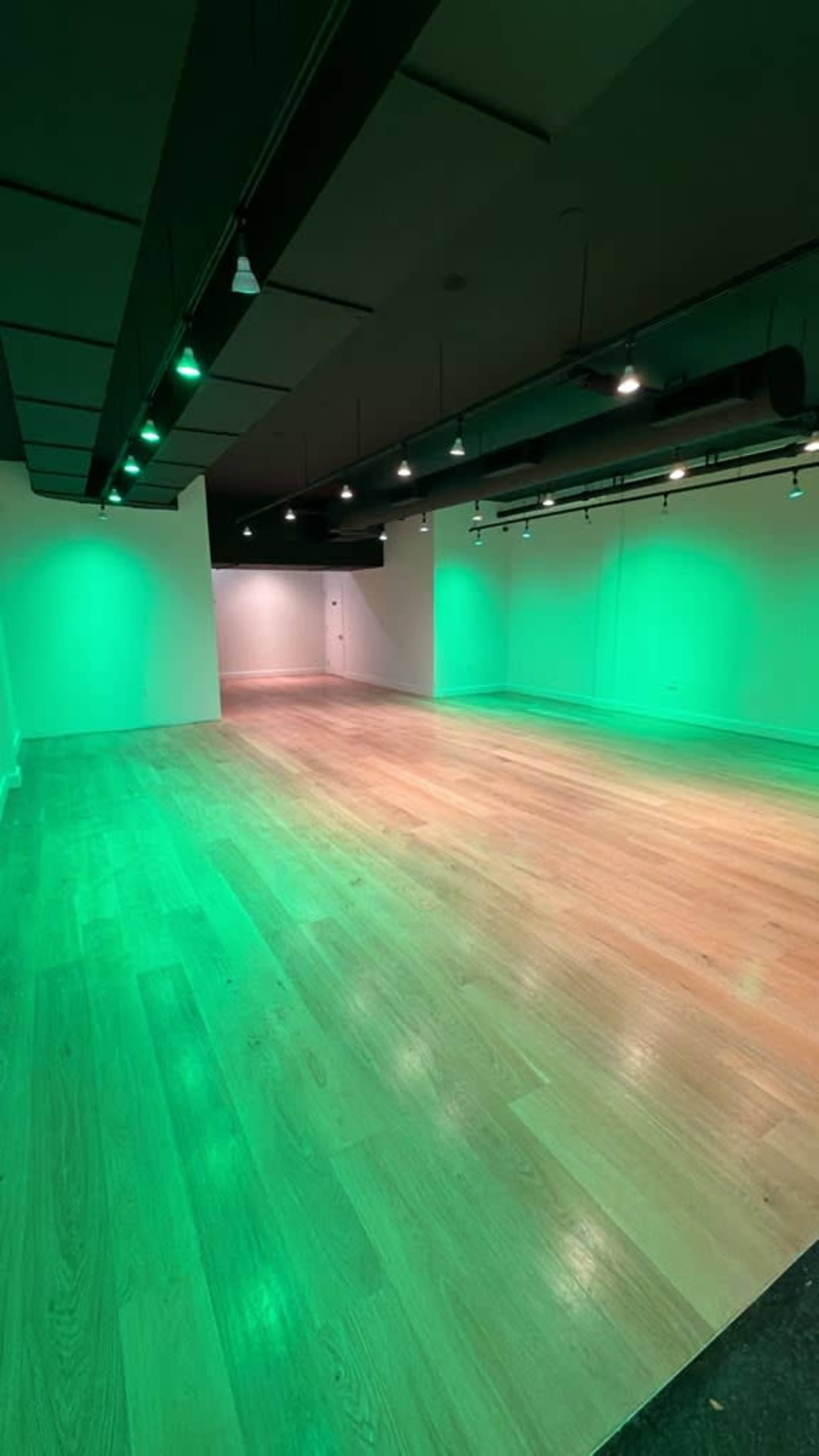 The image shows a spacious room with wooden flooring and green ambient lighting illuminating the walls.