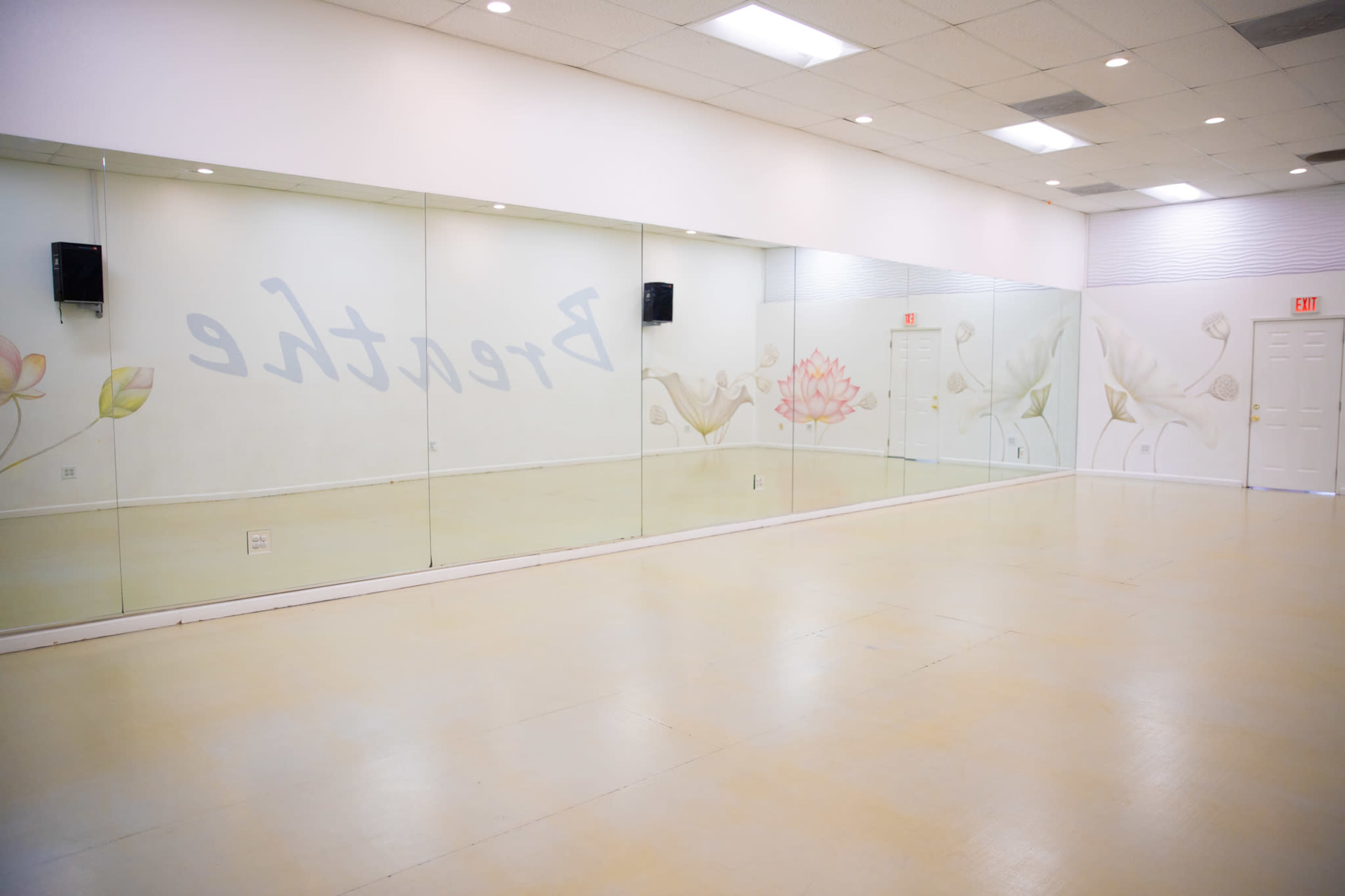 The image shows a spacious dance studio featuring floor-to-ceiling mirrors on one wall and delicate floral murals along another.