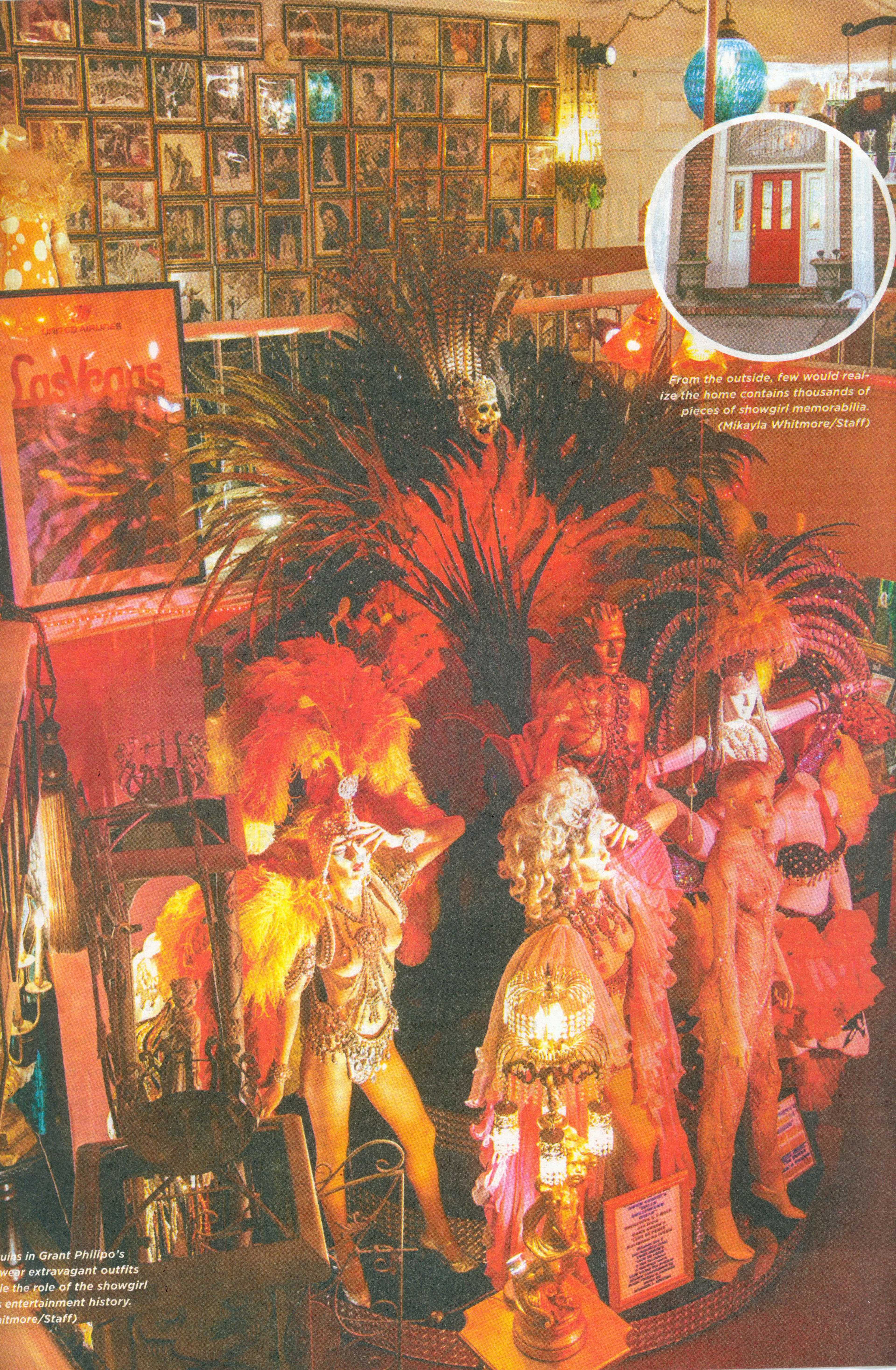 The scene features a vibrant interior filled with colorful costumes, decor, and framed photographs, with a small inset showing a red door outside.