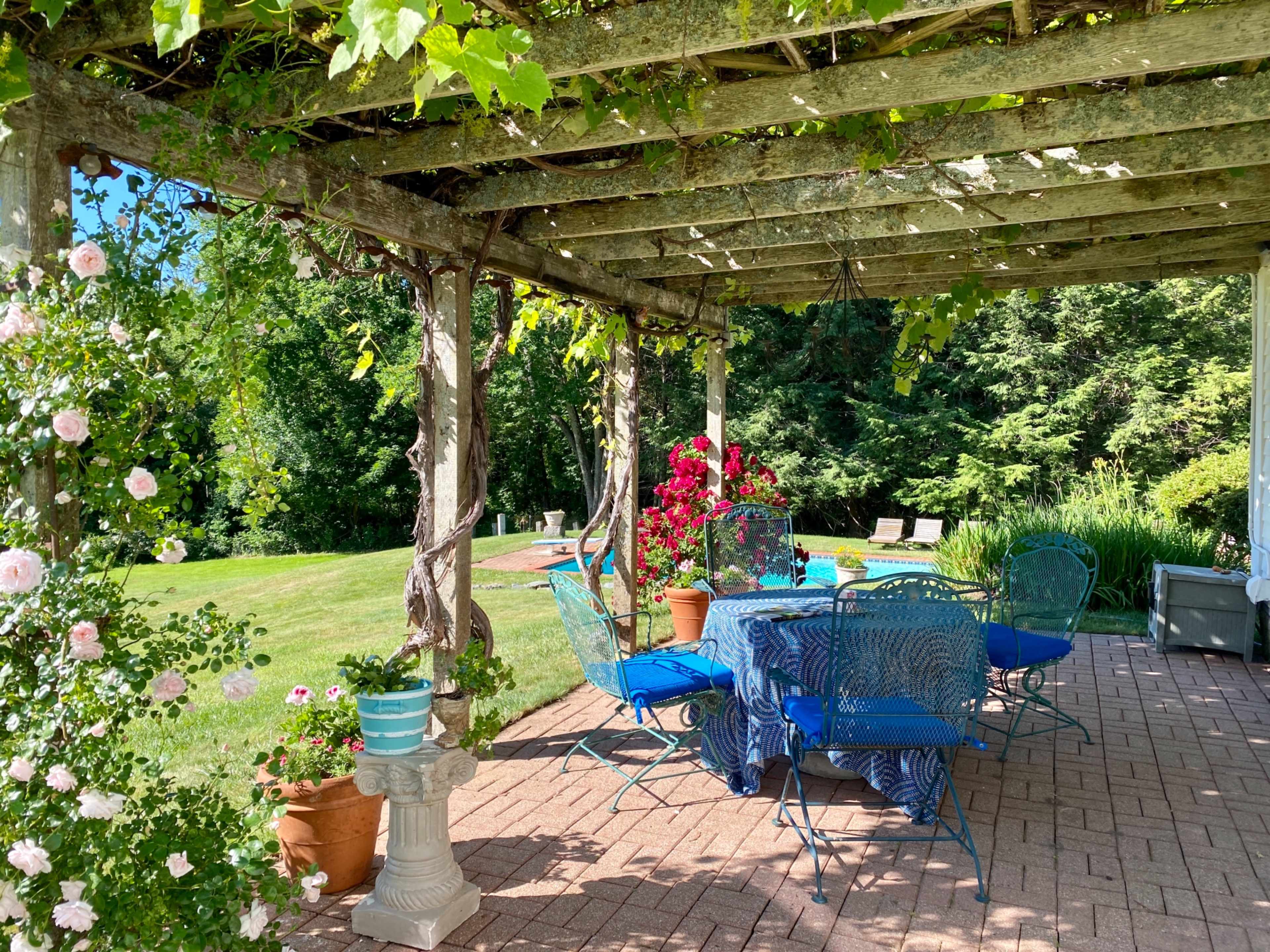 A patio area with blue metal furniture, a table covered with a blue tablecloth, and lush greenery surrounding a stone path and flower pots.