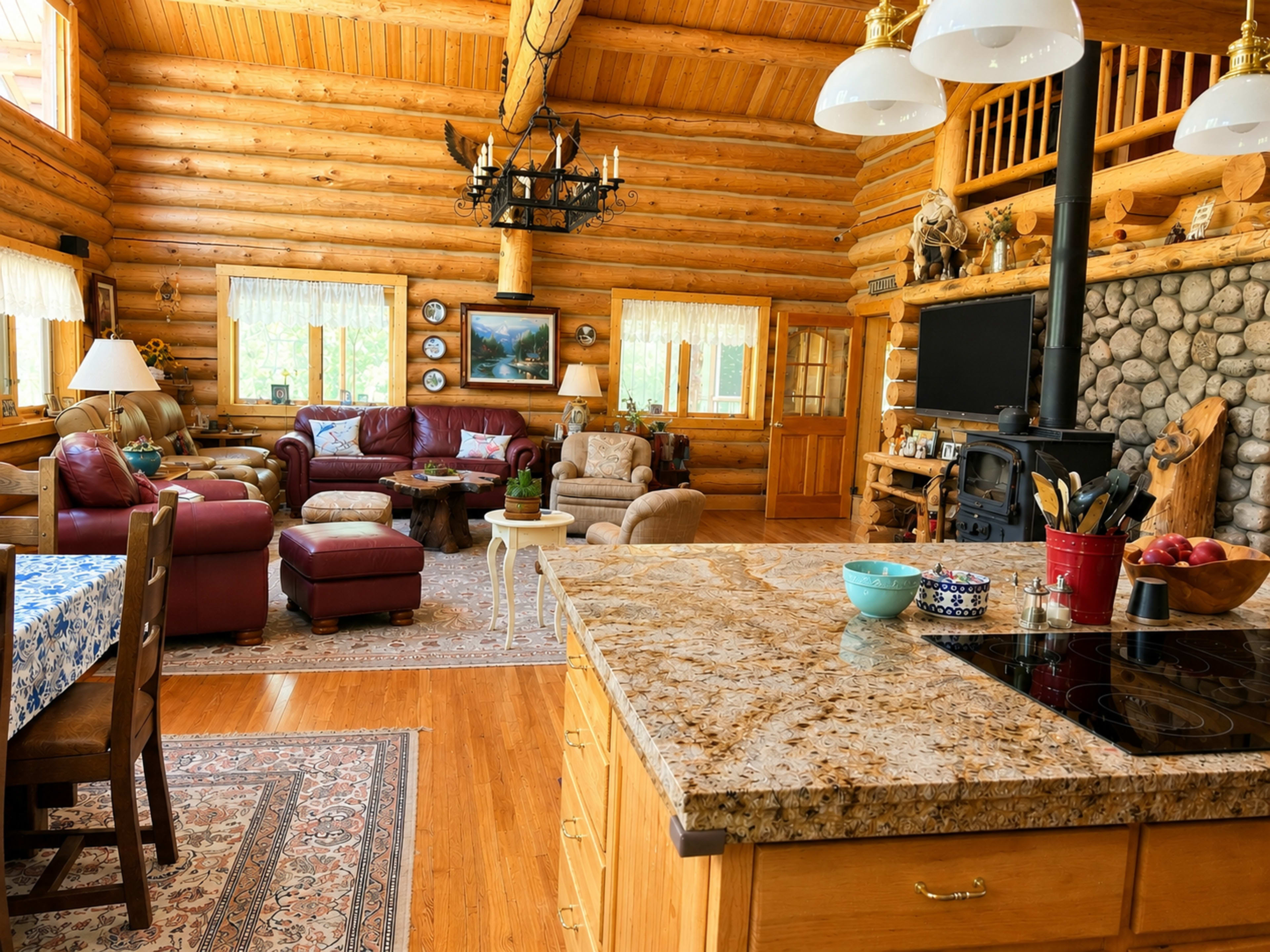 The image shows a spacious log cabin interior featuring a large living area with leather couches, a stone fireplace, and a kitchen island with a granite countertop.
