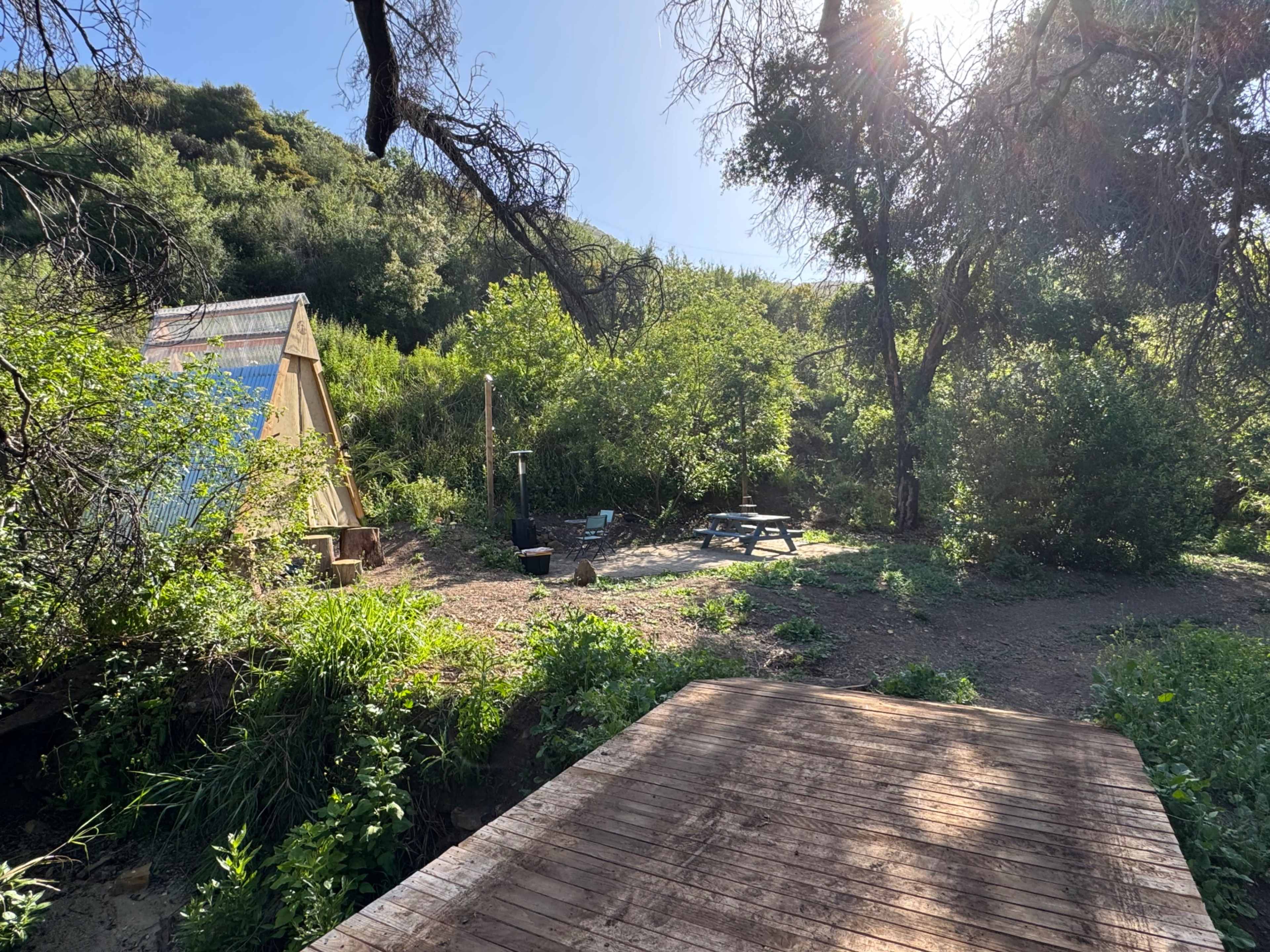 A wooden deck overlooks a secluded, green campsite featuring a tent, picnic table, and fire pit amid dense foliage.