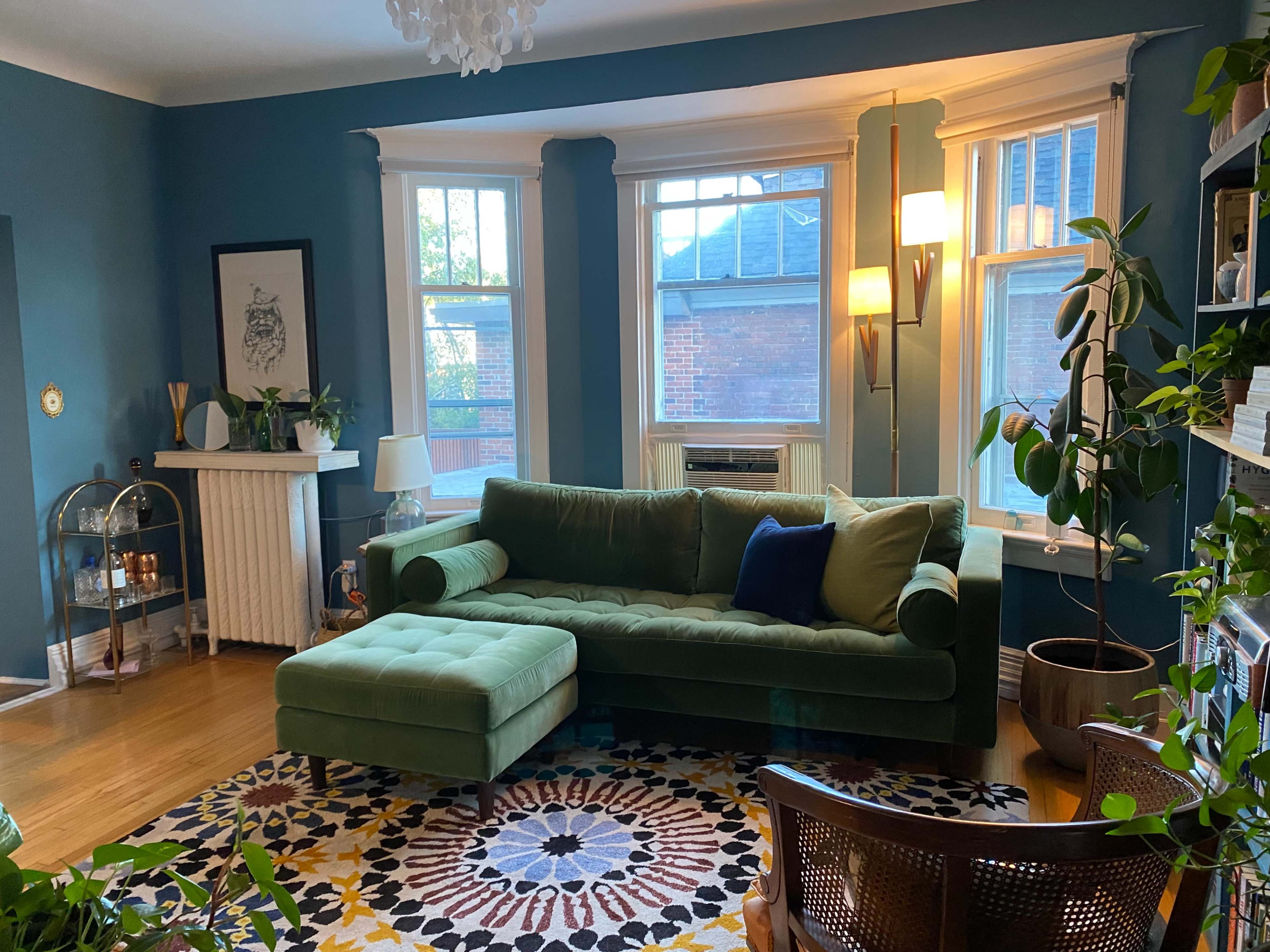 A living room featuring a green sectional sofa, a patterned area rug, and a variety of indoor plants next to large windows.