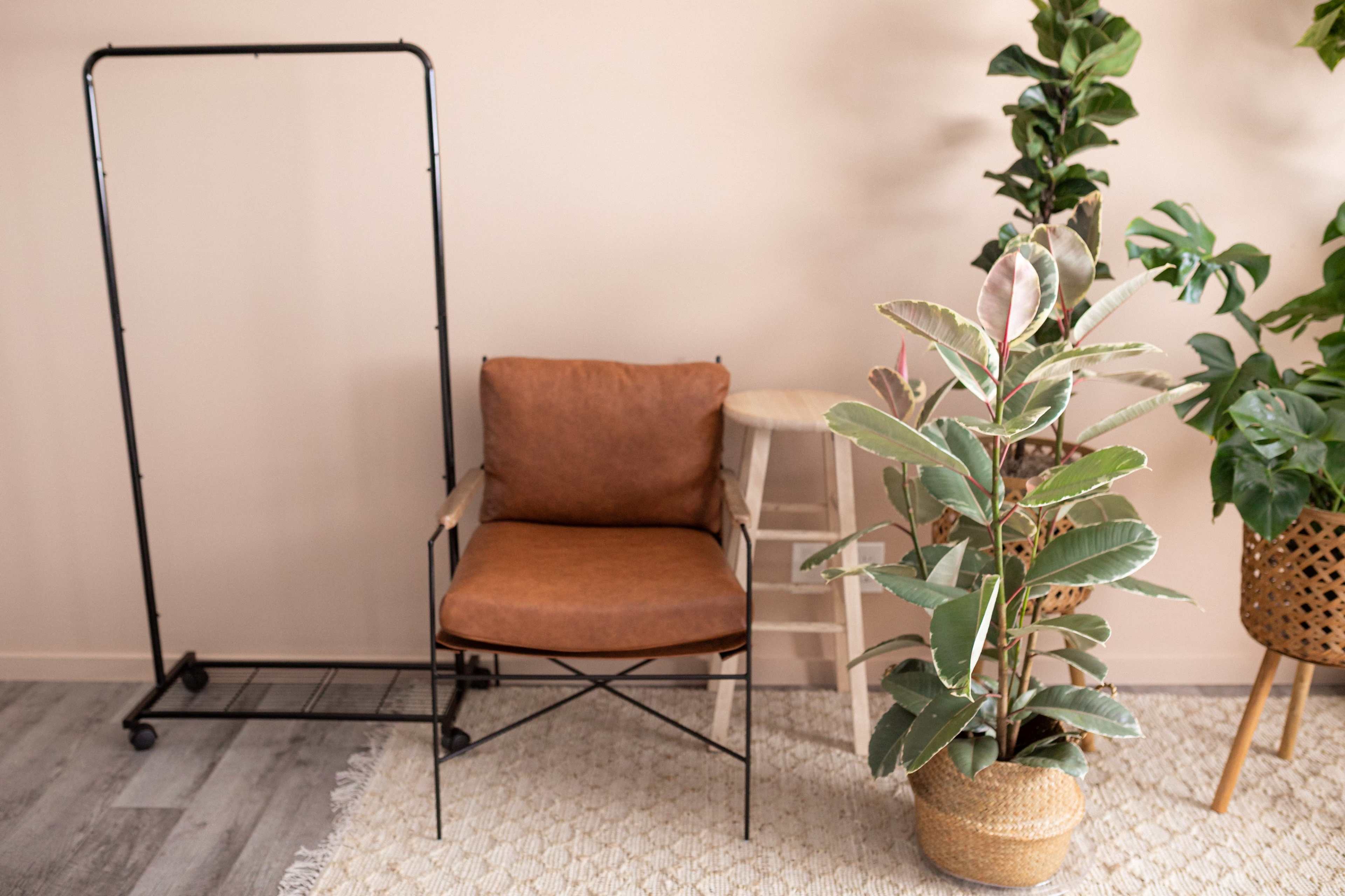 A brown chair next to a clothing rack and several potted plants against a neutral-colored wall.