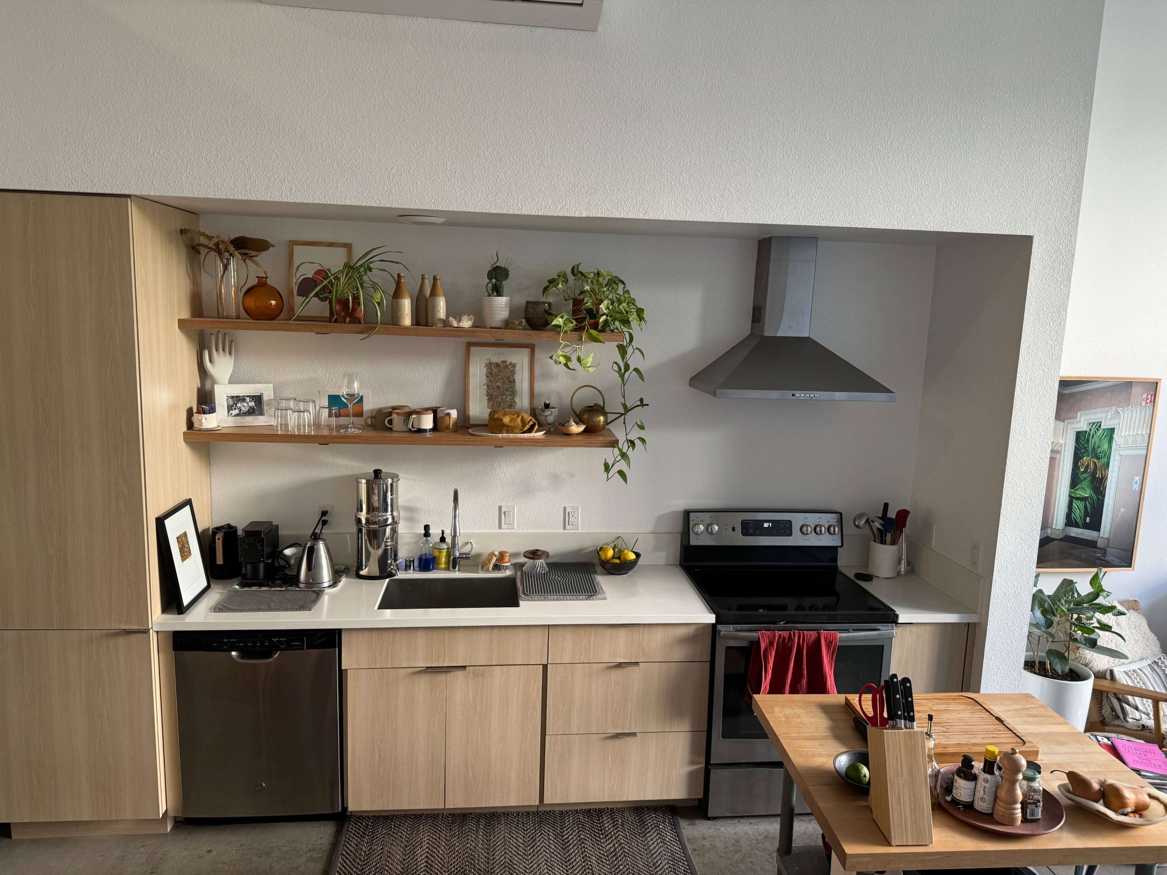 A modern kitchen features wooden cabinetry, open shelving with plants and decor, and stainless steel appliances, including an oven and dishwasher.