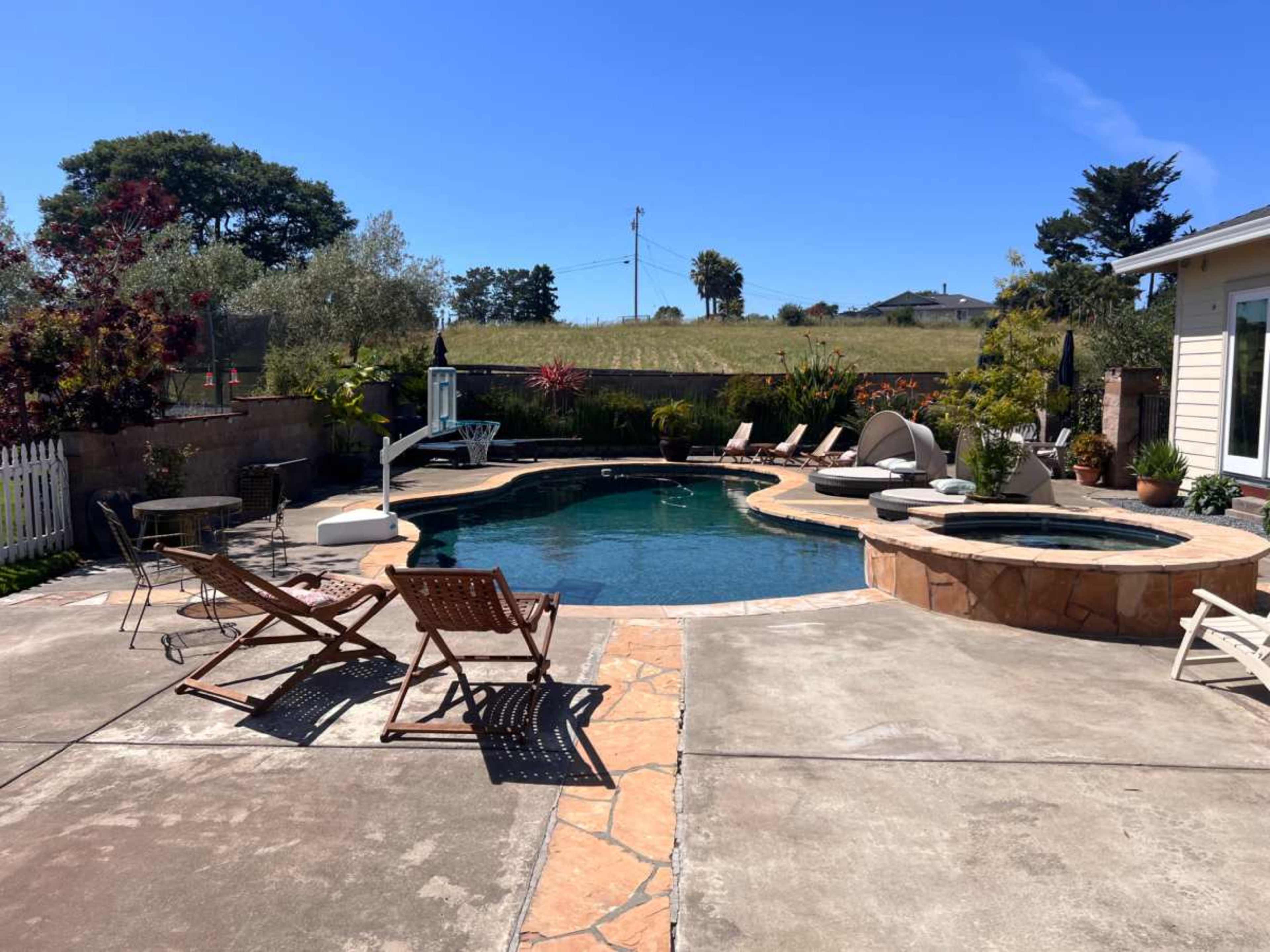 The image shows a backyard with a swimming pool, hot tub, lounge chairs, and landscaped plants under a clear blue sky.
