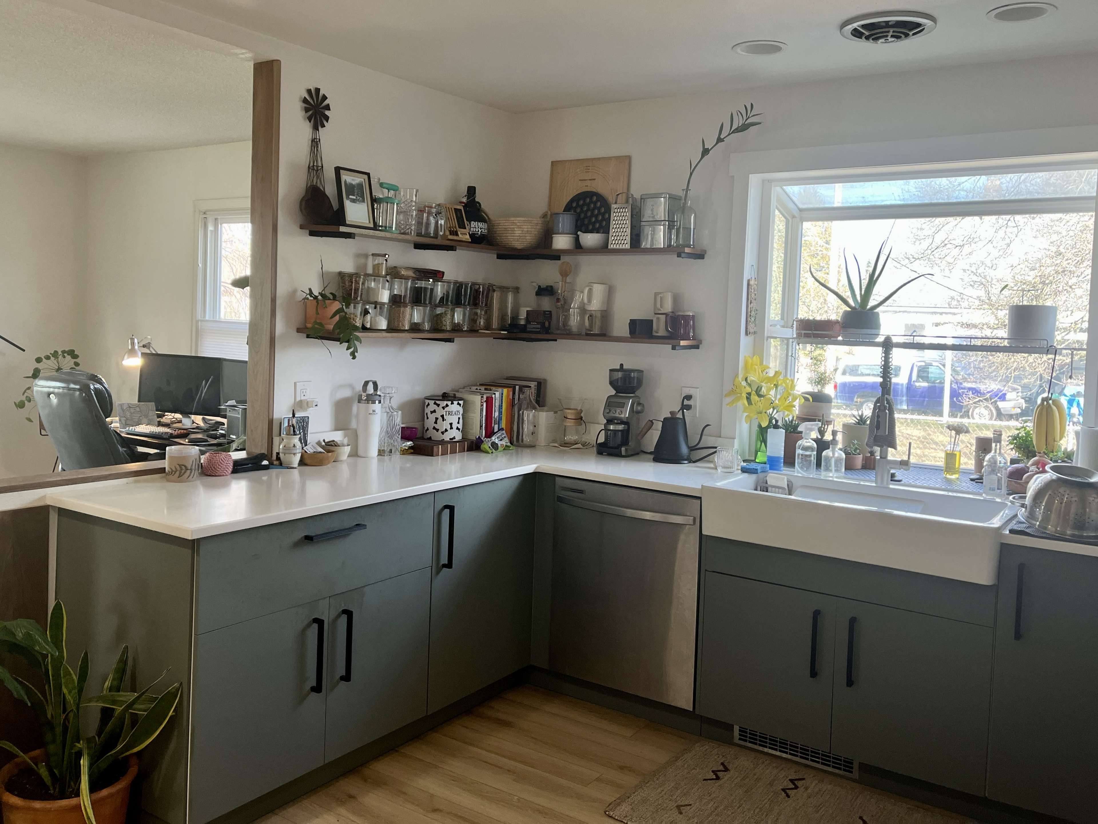 A modern kitchen with green cabinetry, open shelves holding various kitchenware, and a large window illuminated by natural light.