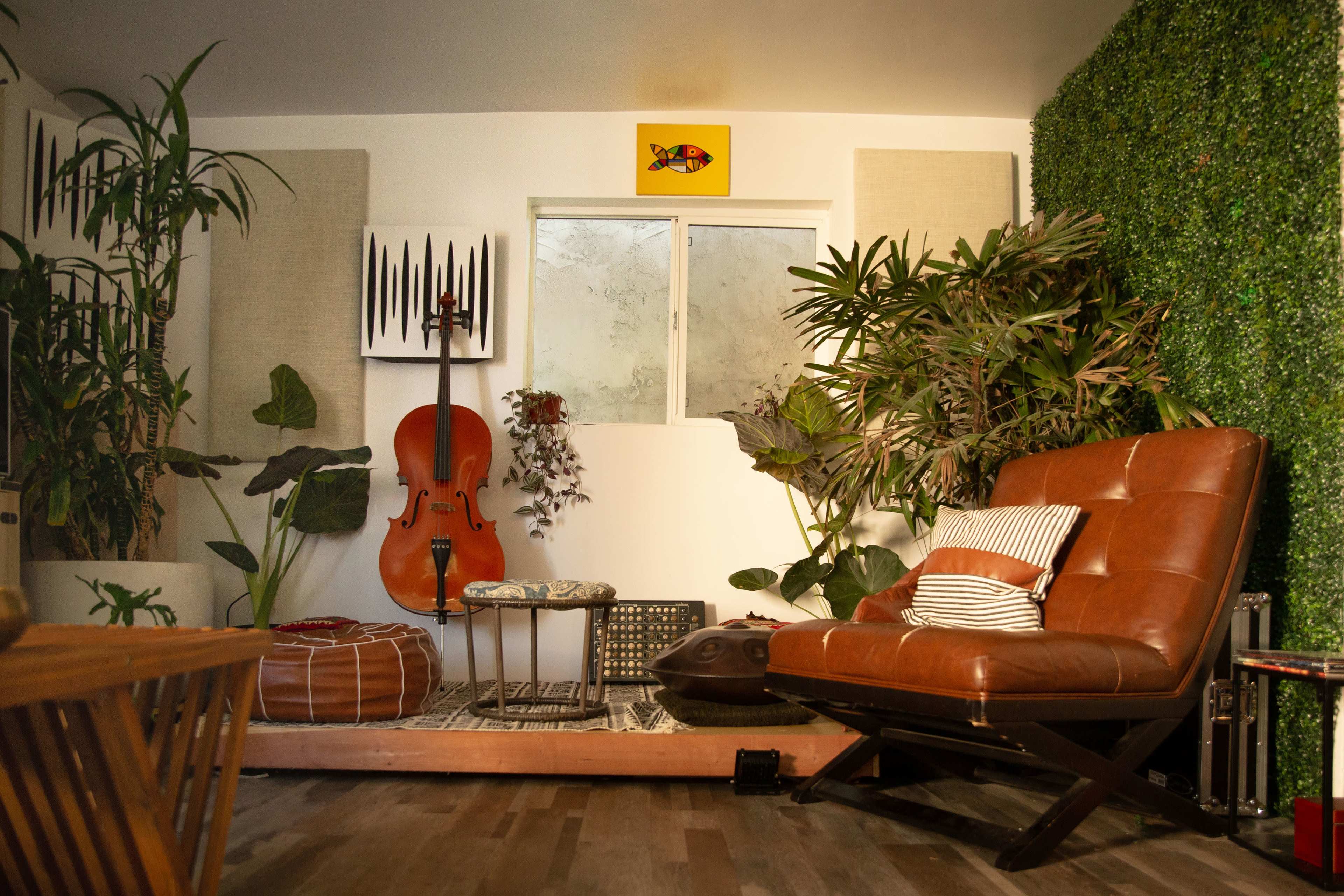 A cozy indoor space featuring a brown leather chair, a cello, a large window surrounded by various indoor plants, and decorative wall elements.