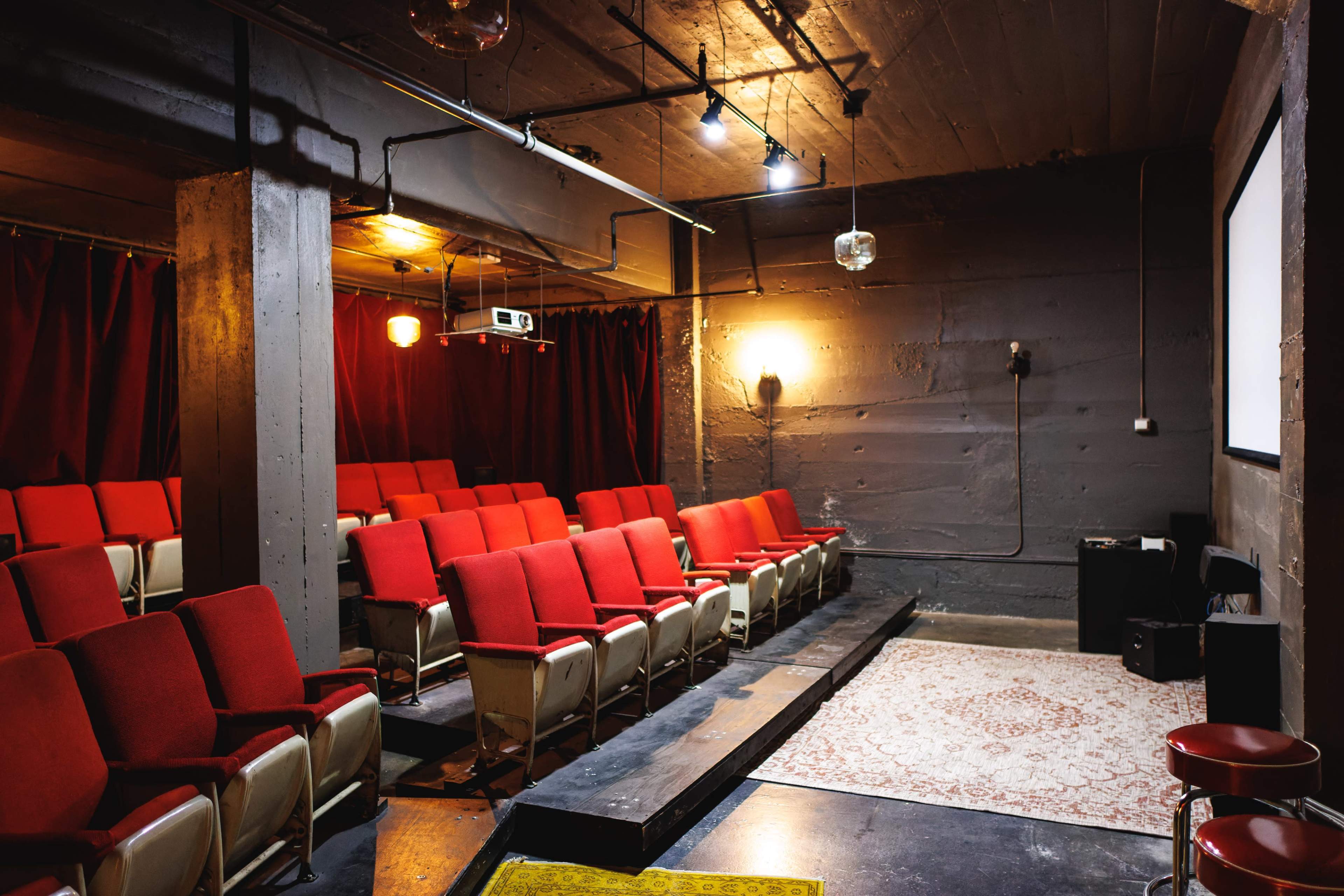 A small, dimly lit theater with red fabric-covered seats arranged in rows facing a screen.