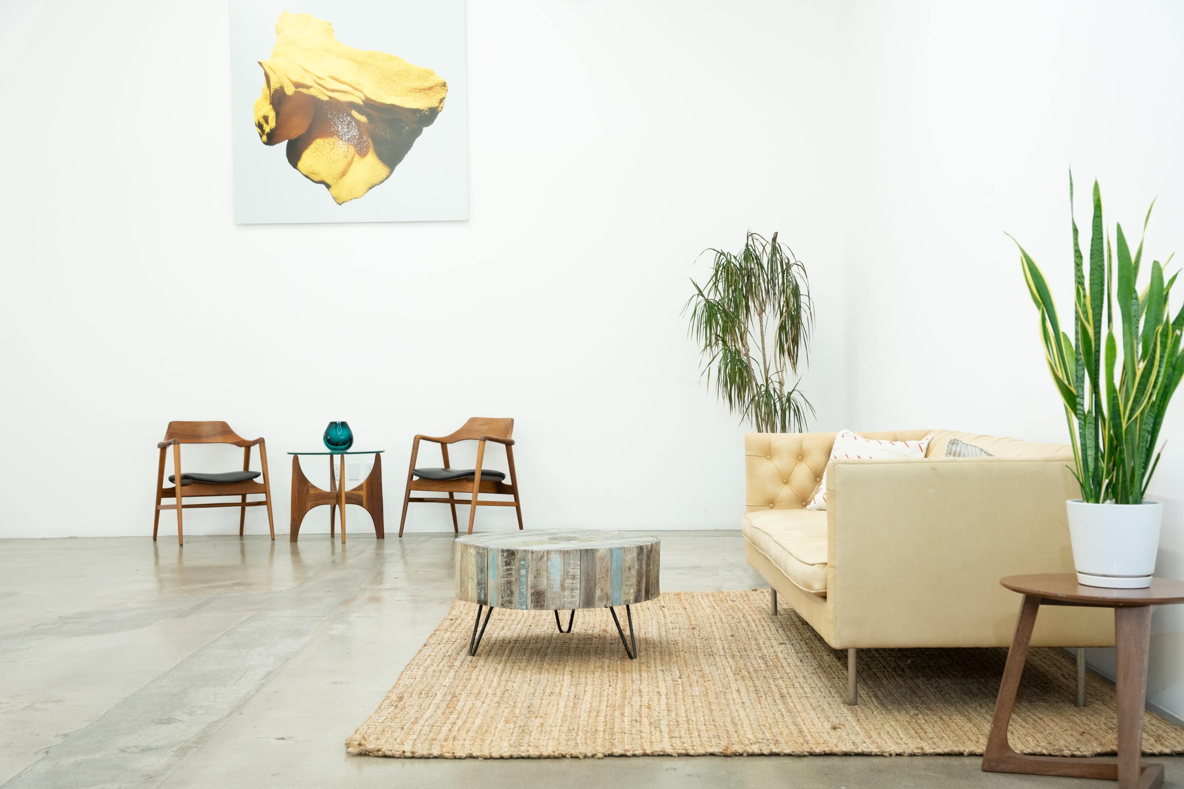 A minimalist living room with a light-colored sofa, a round coffee table, two wooden chairs, a plant in a white pot, and a large yellow artwork on the wall.