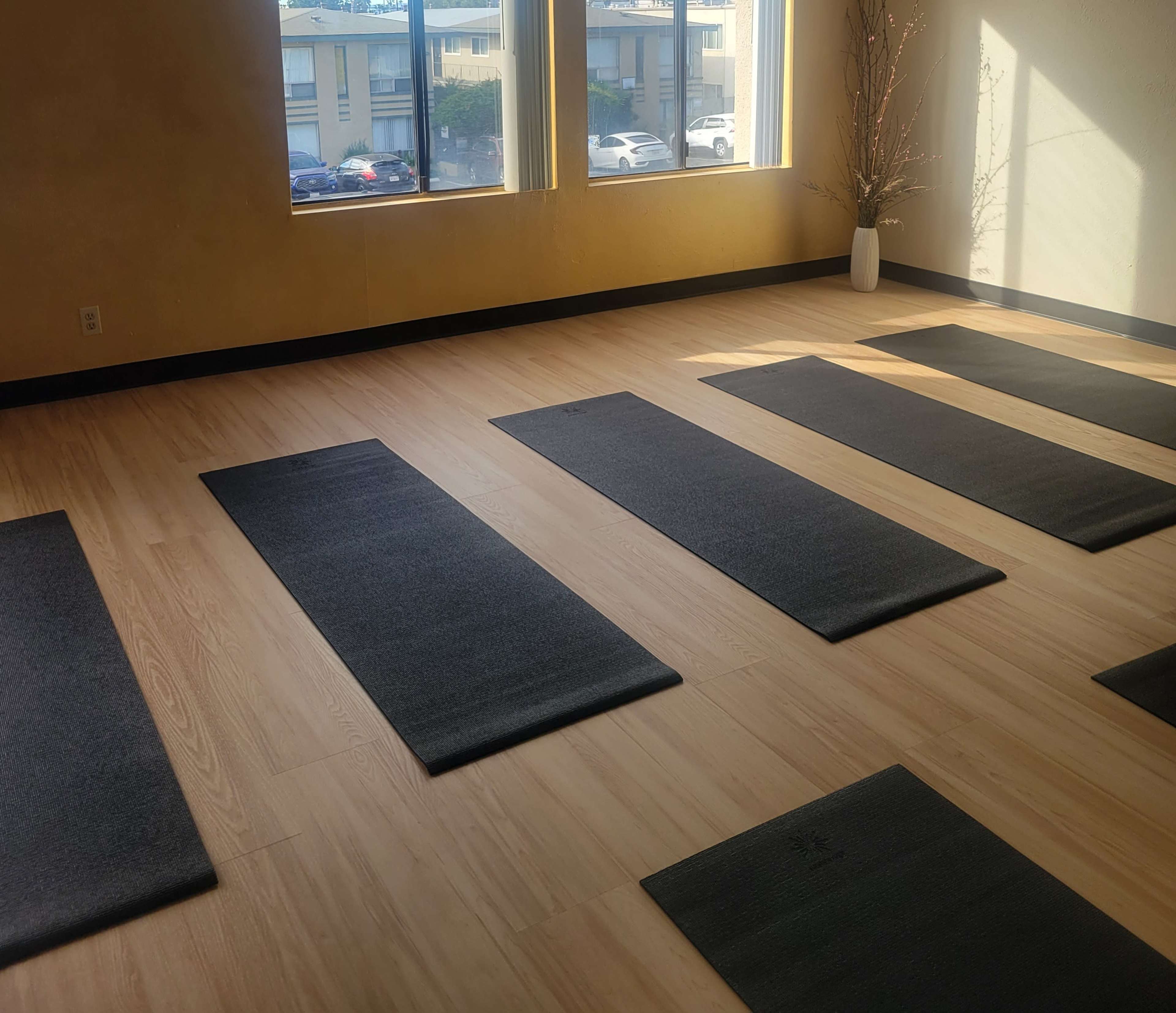 The image shows a yoga studio with multiple exercise mats arranged on a wooden floor, illuminated by natural light from large windows.