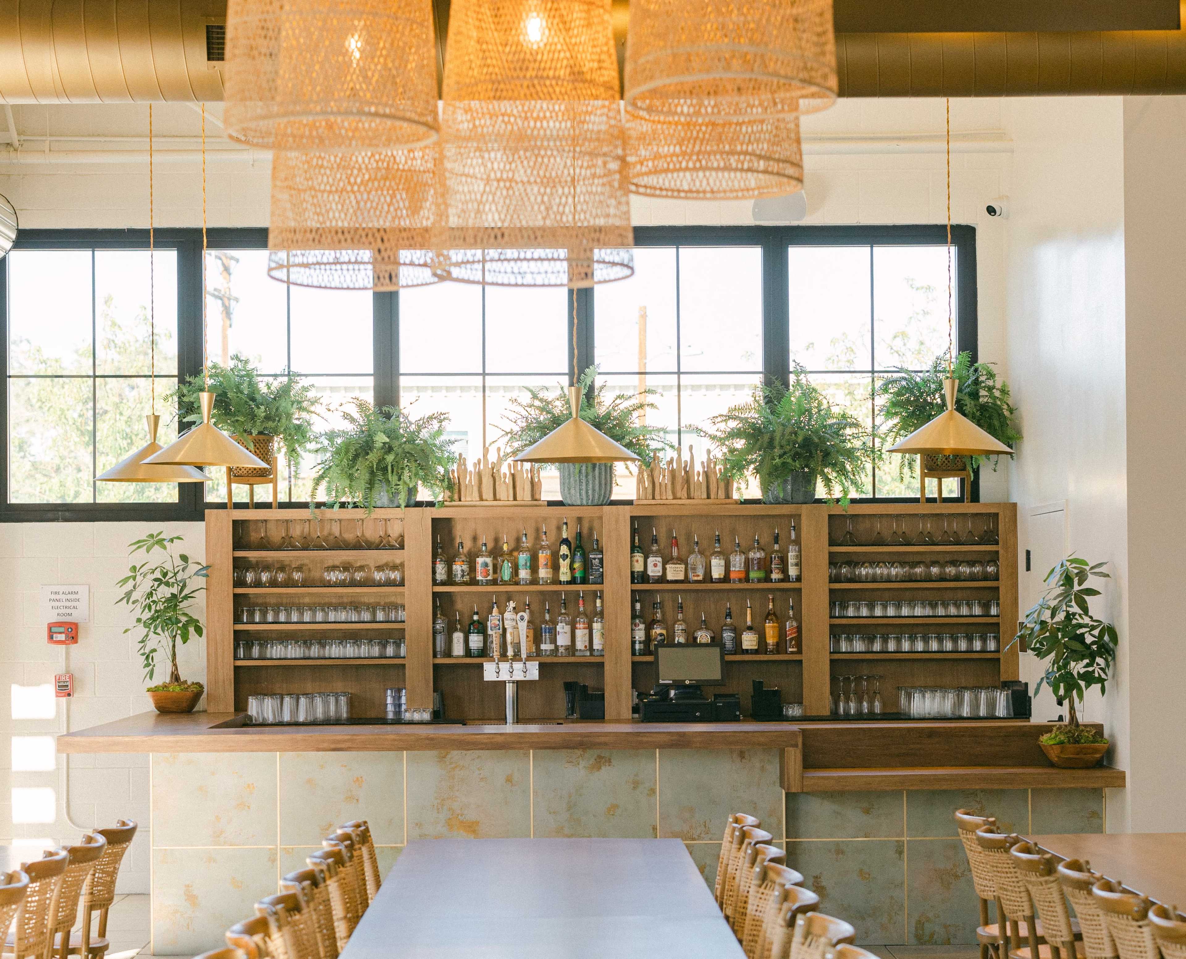 A well-organized bar area with shelves of bottles and glassware, illuminated by pendant lights and surrounded by potted plants.