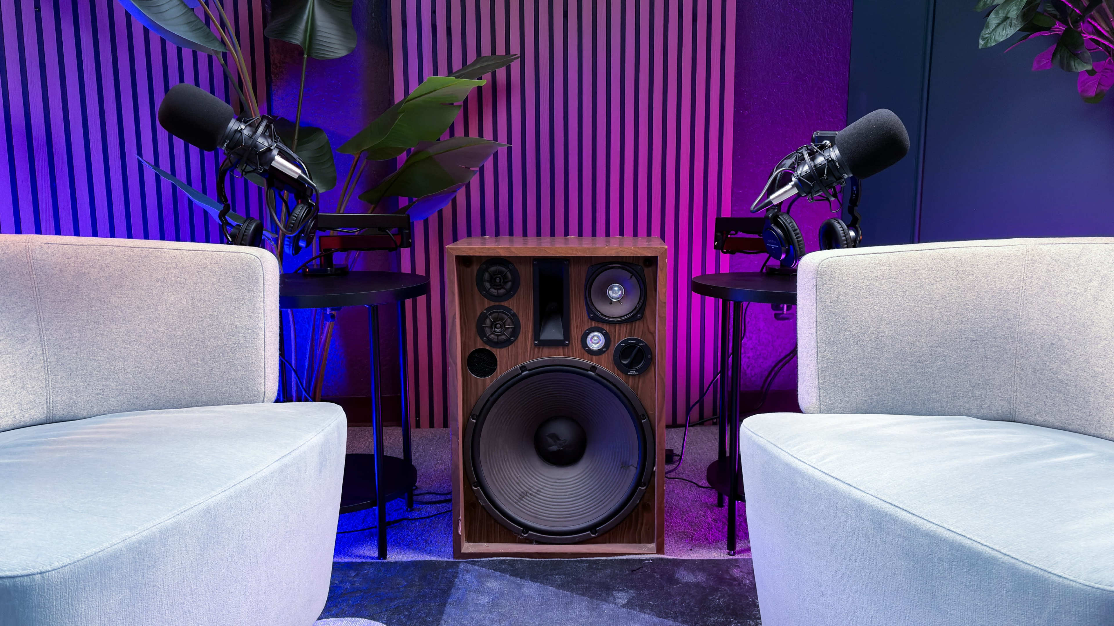 The image features two light-colored chairs positioned in front of a large wooden speaker, with two microphones on stands and plant decorations illuminated by purple lighting.