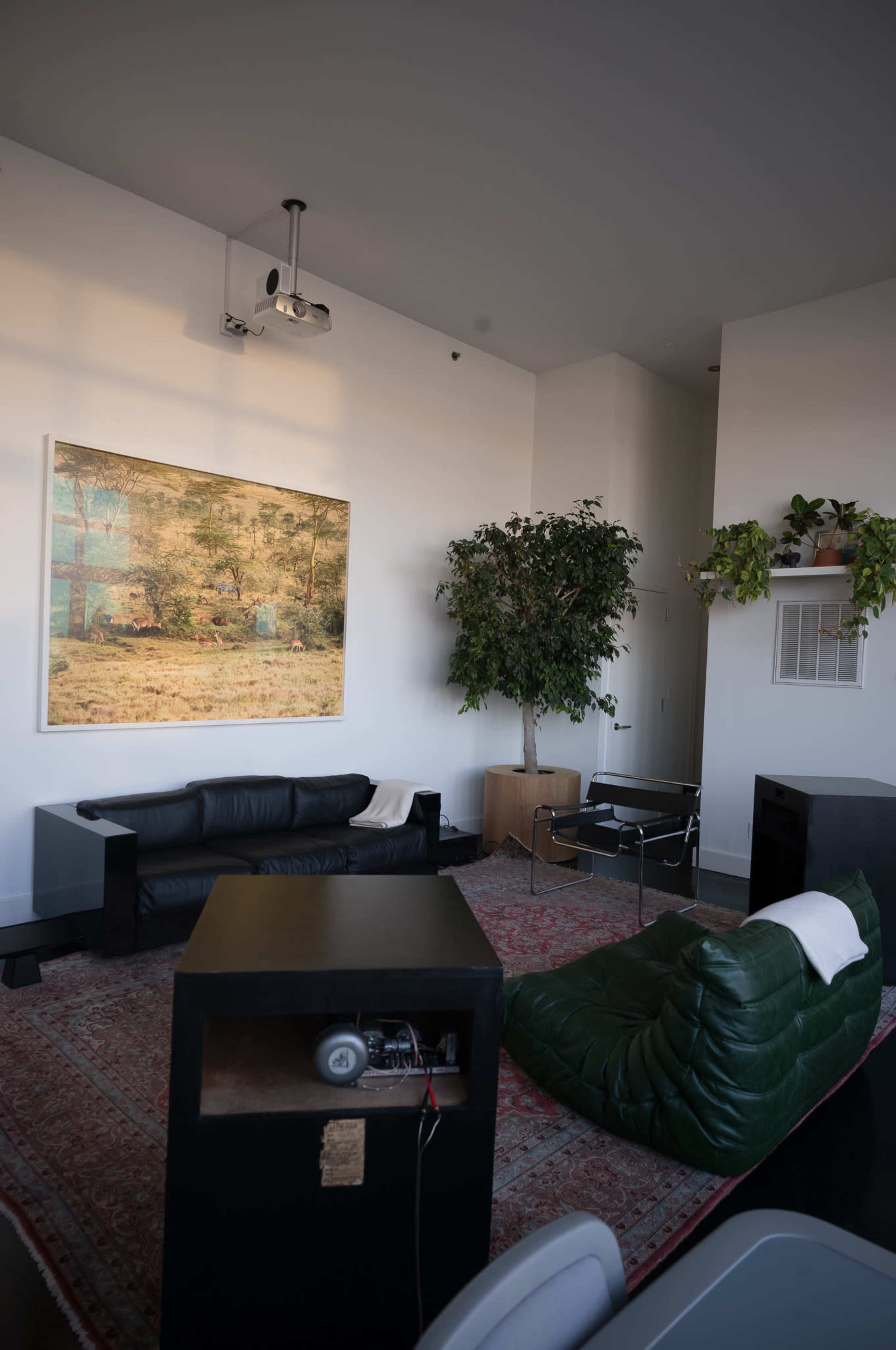 The image shows a modern living room with a large landscape painting on the wall, a black leather sofa, a green bean bag chair, and a couple of plants.
