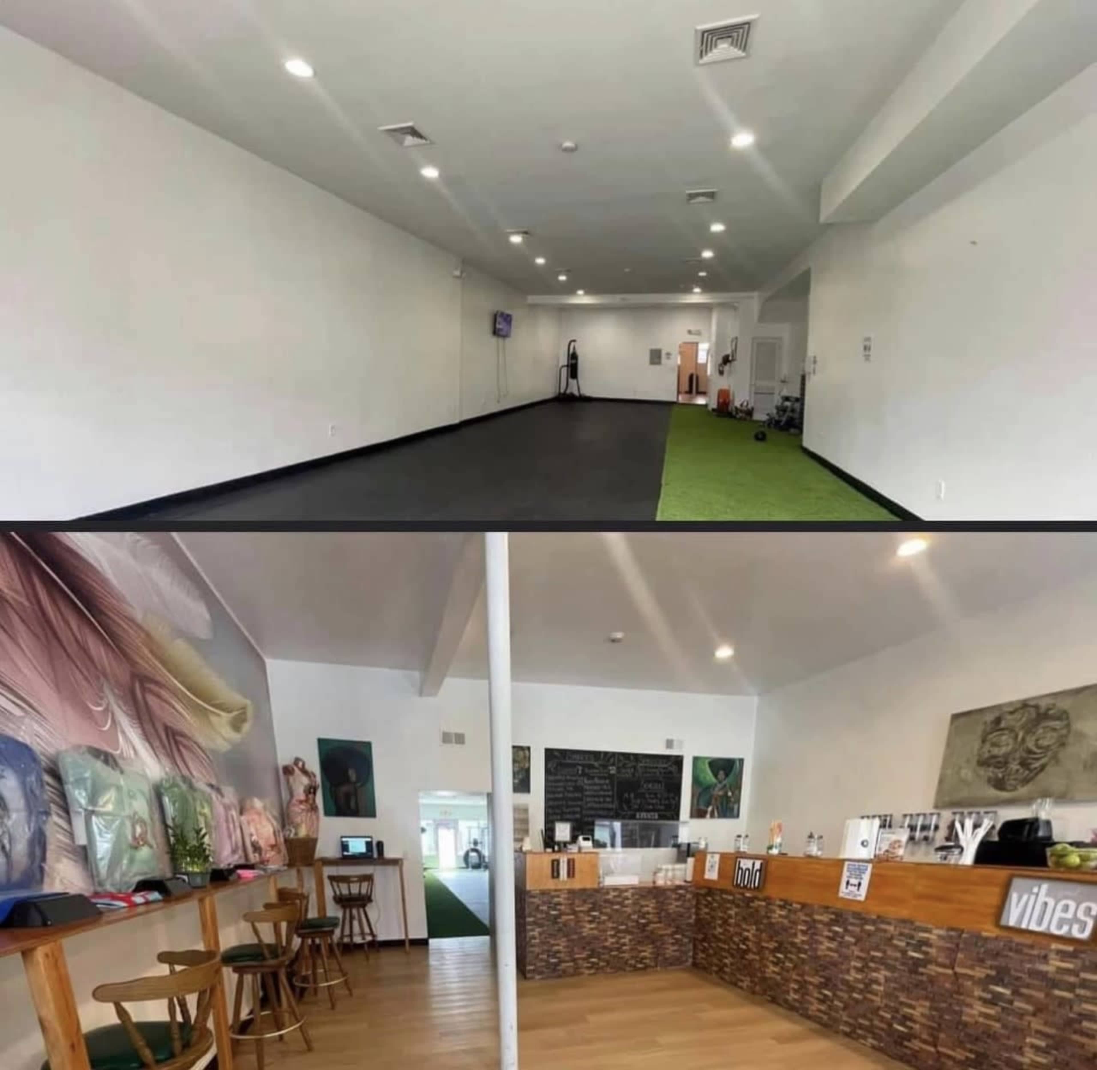 Two contrasting views: one of a nearly empty fitness studio with a green turf area, and the other of a vibrant café with a wooden counter and decorated walls.