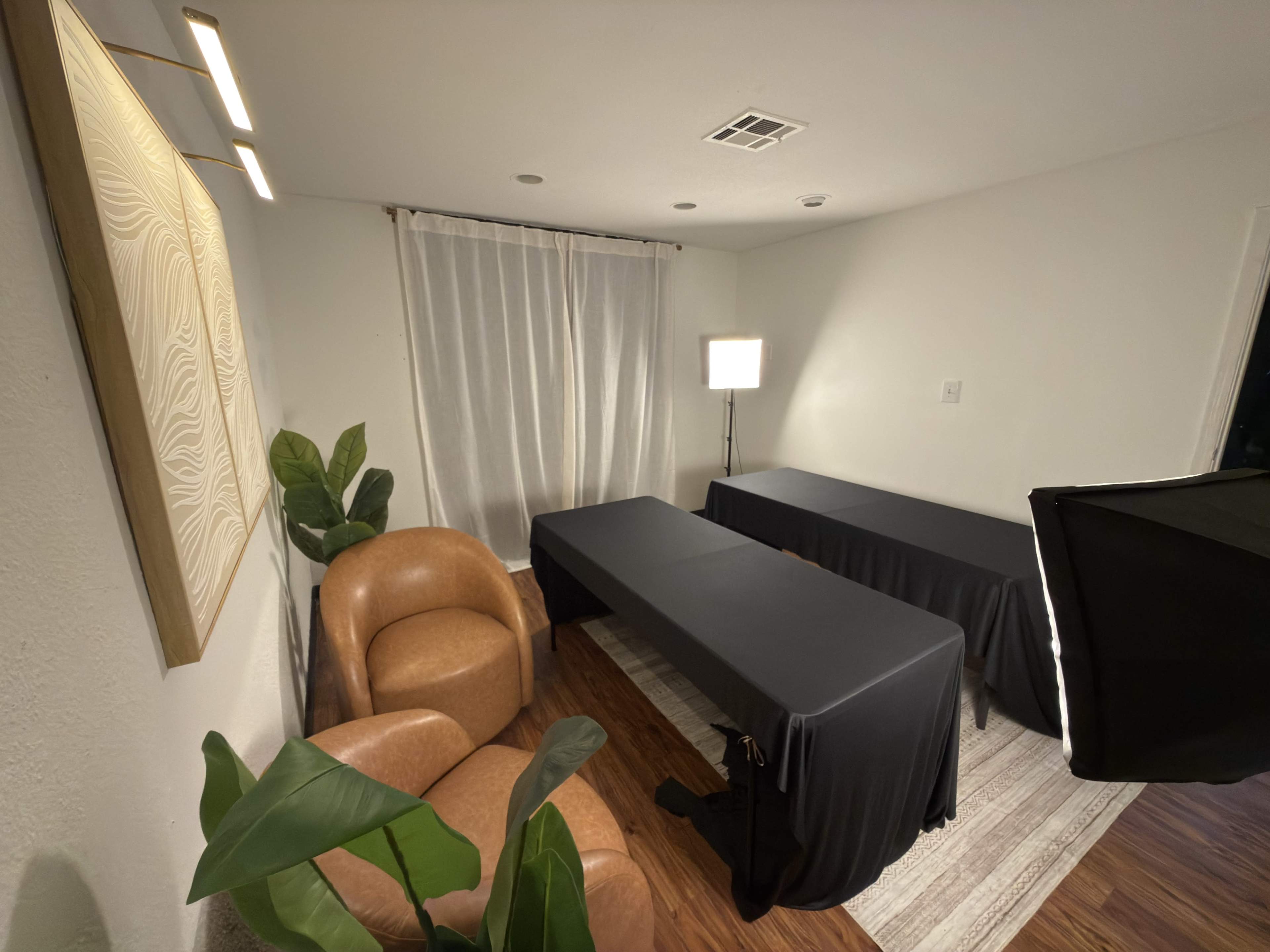 The image shows a small, well-lit room with two covered tables, a pair of brown chairs, and a potted plant.