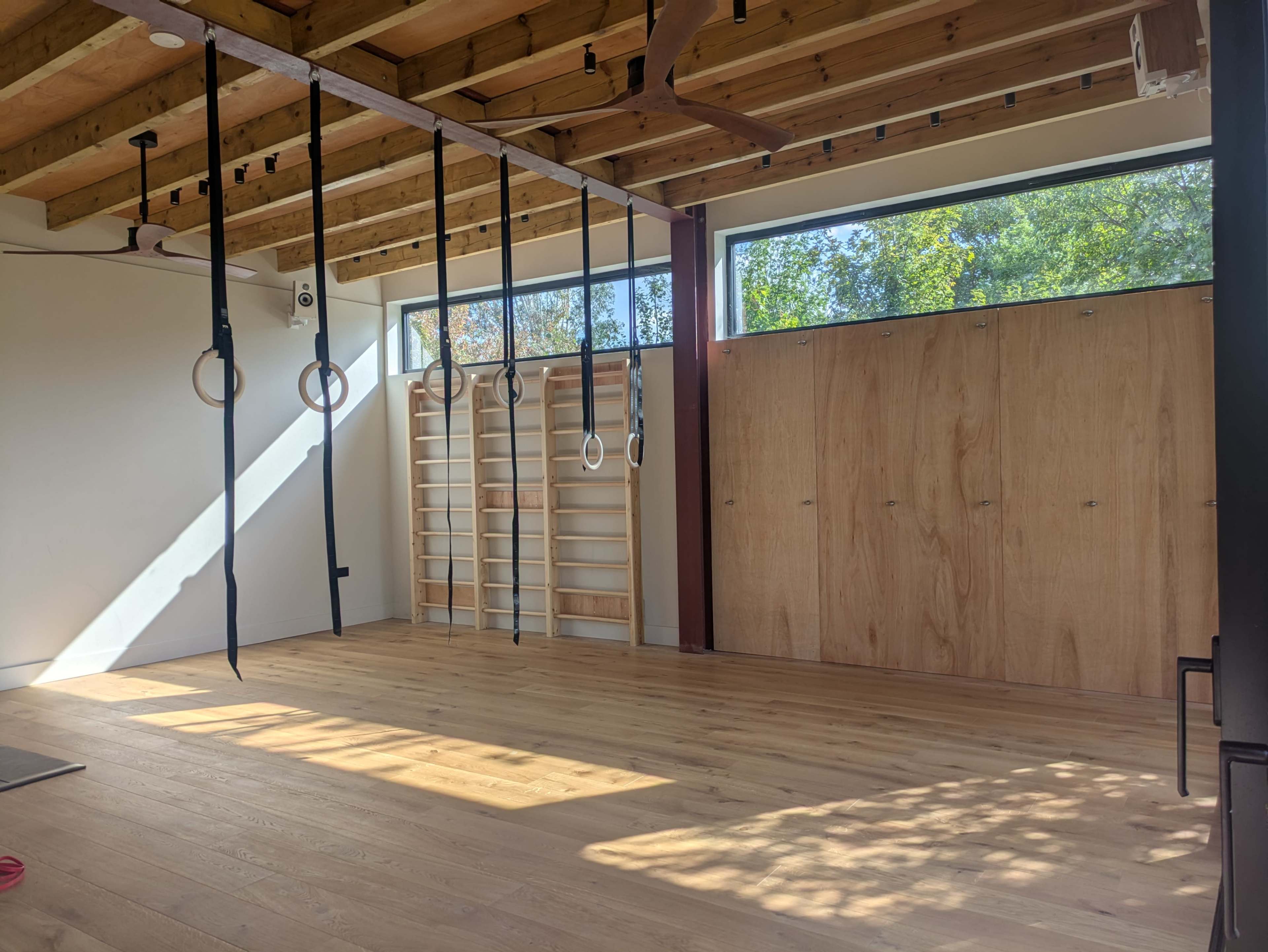 Light-filled movement studio in a garden, with natural wood accents Image in Leyton, London, ENG
