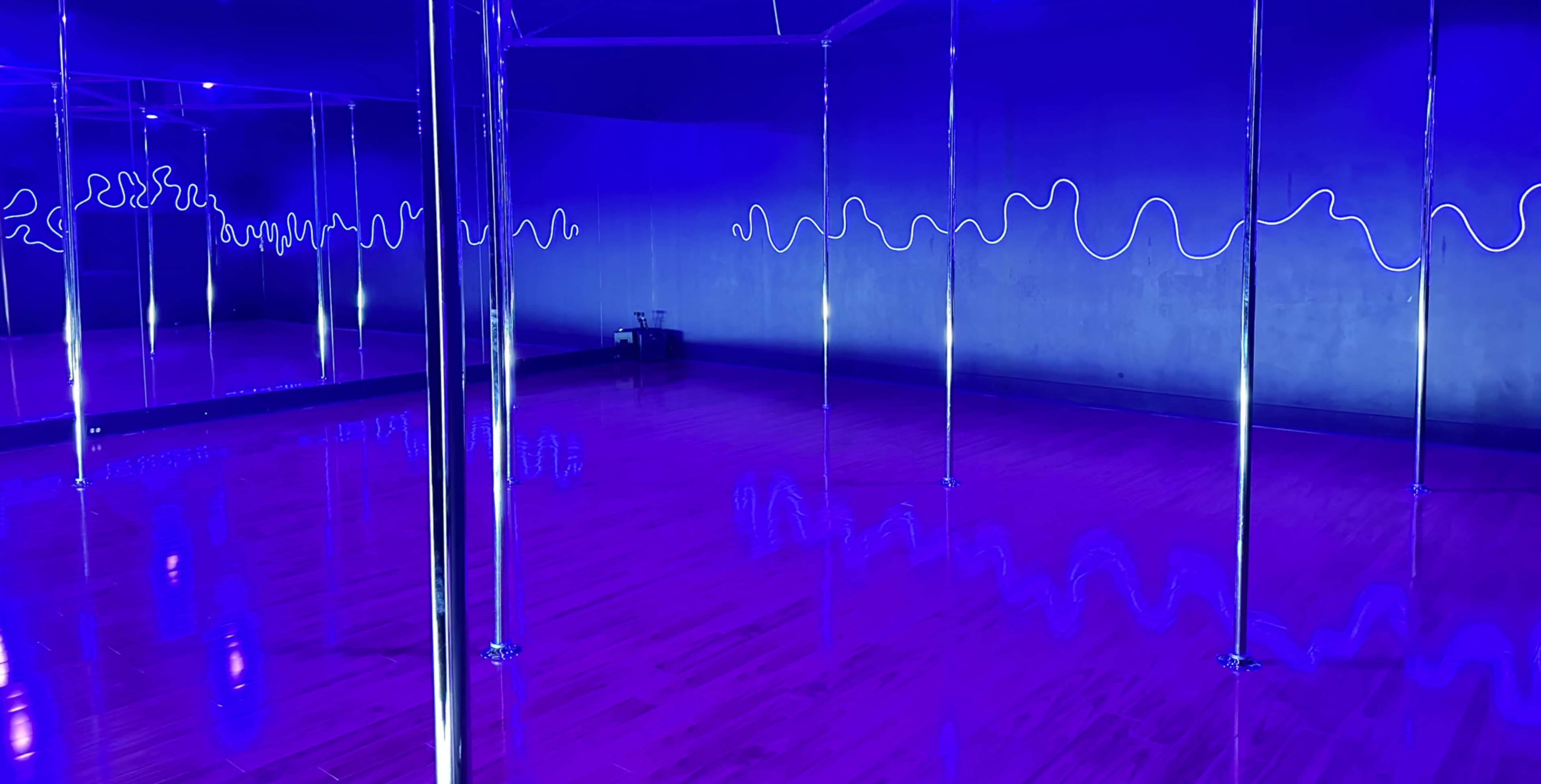 A dance studio with polished wooden floors, multiple reflective poles, and blue neon lighting along the walls.