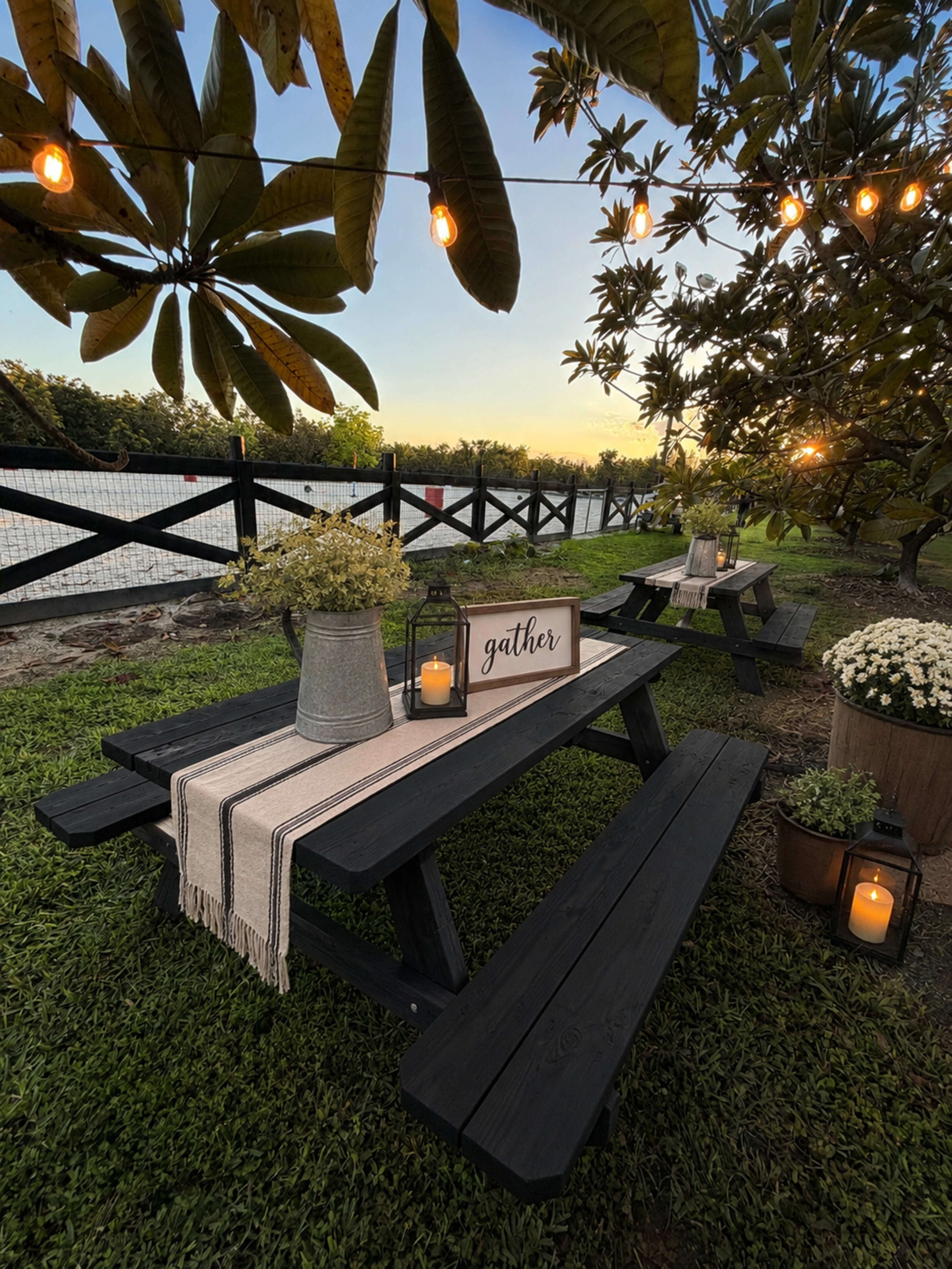 A picnic area with a black wooden table, decorative lanterns, and a "gather" sign is set beneath trees and string lights at sunset.