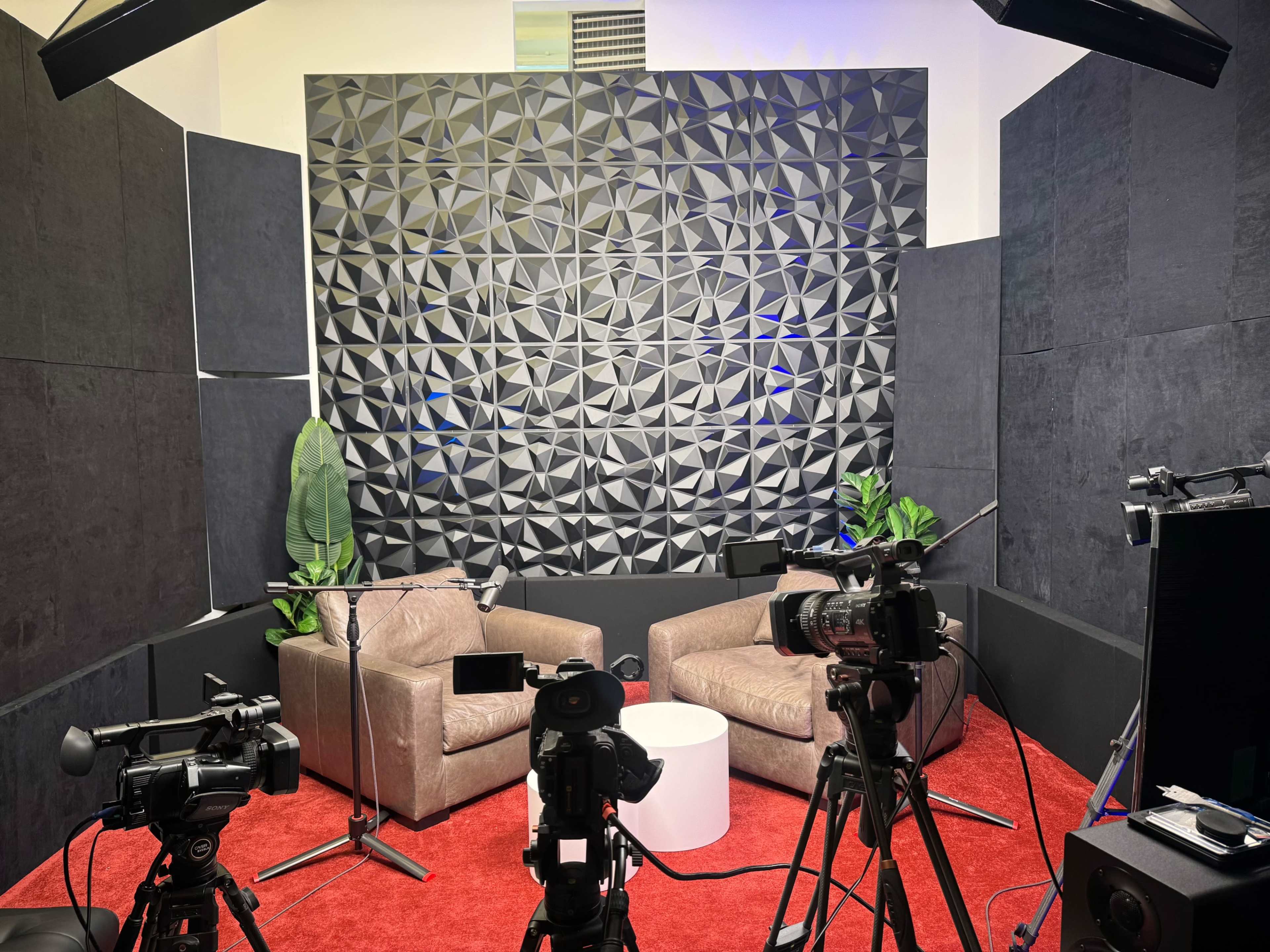 The image shows a studio setup with two brown chairs, a small white table, and multiple cameras positioned in front of a patterned black wall, surrounded by soundproof panels and green plants.