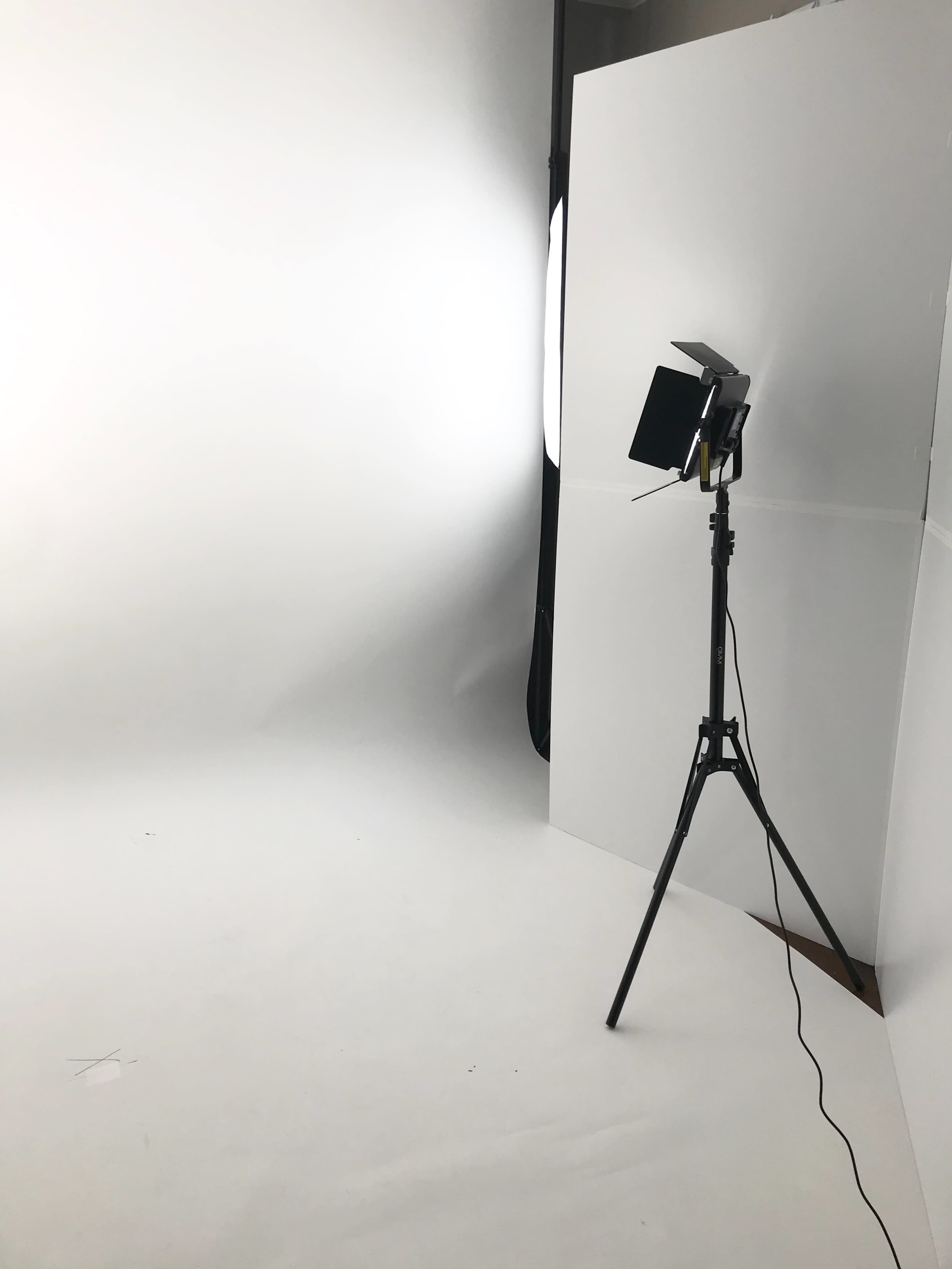 A photography studio with a blank white backdrop and a lighting setup on a tripod.