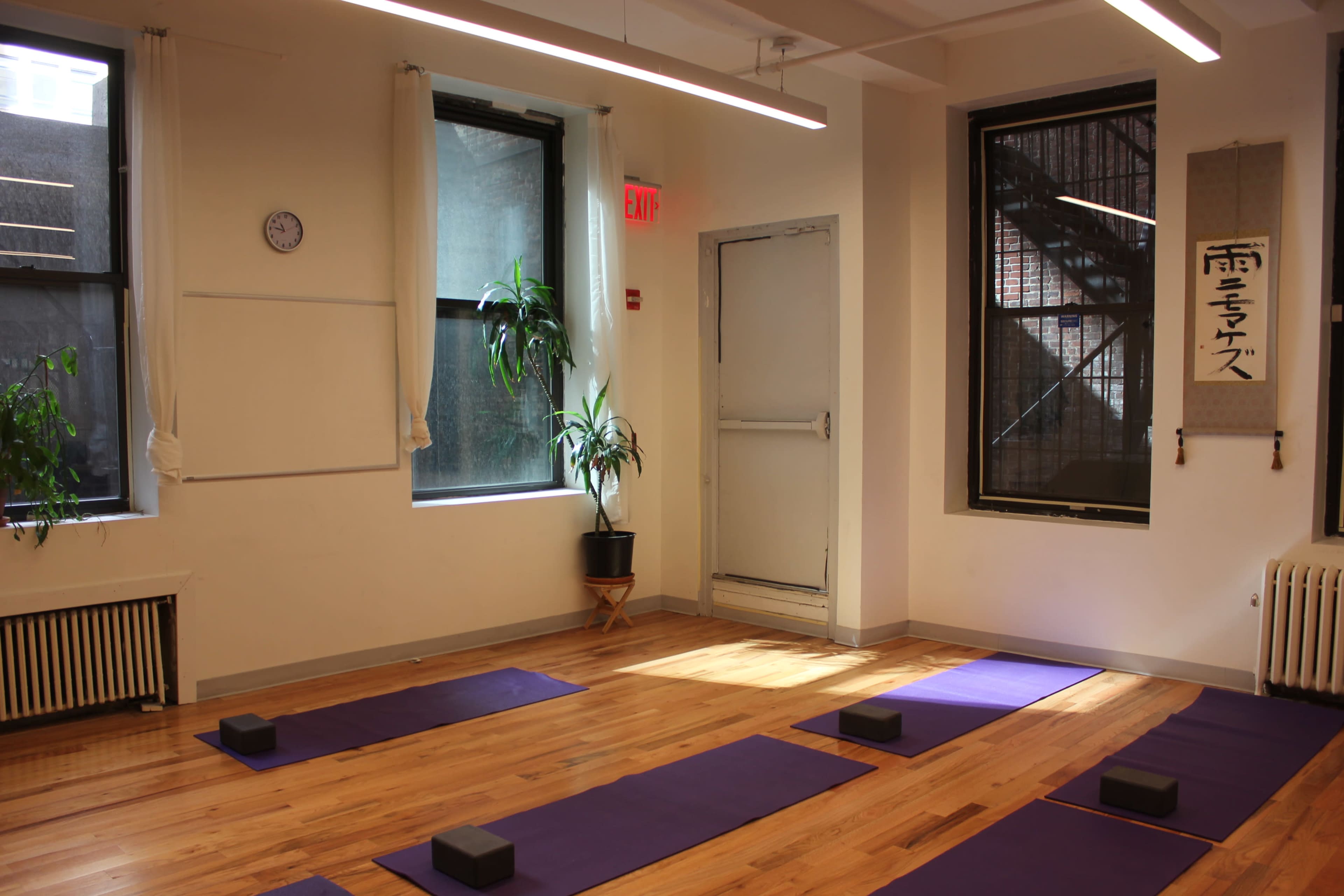 A minimalist yoga studio features purple mats arranged on a wooden floor, with large windows allowing natural light and potted plants in the corners.