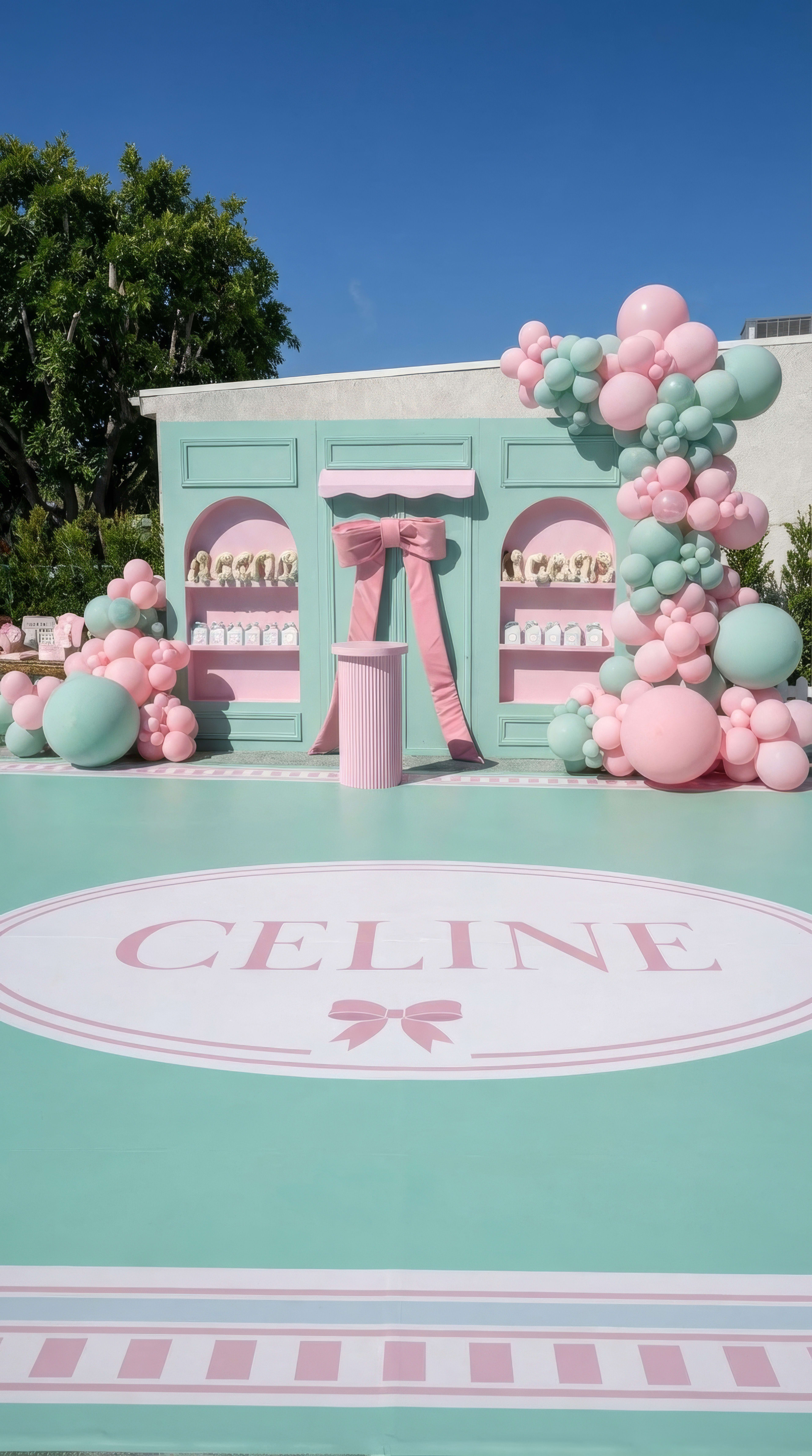 The scene features a pastel-colored decorative display with light pink and mint green elements, including balloons and a backdrop that reads "CELINE."