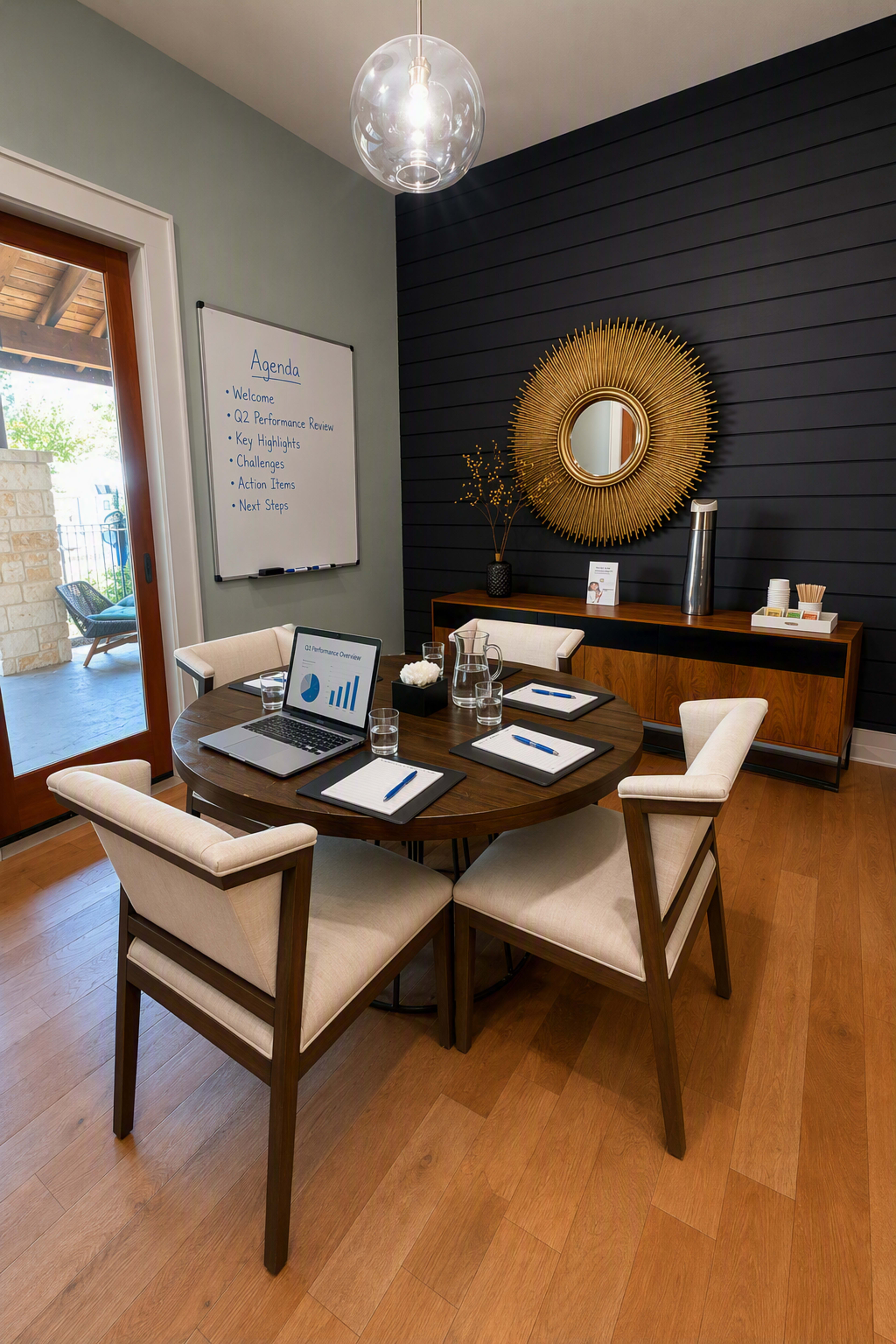 A round wooden table with four white chairs sits in a modern conference room featuring a whiteboard and a decorative mirror on the wall.