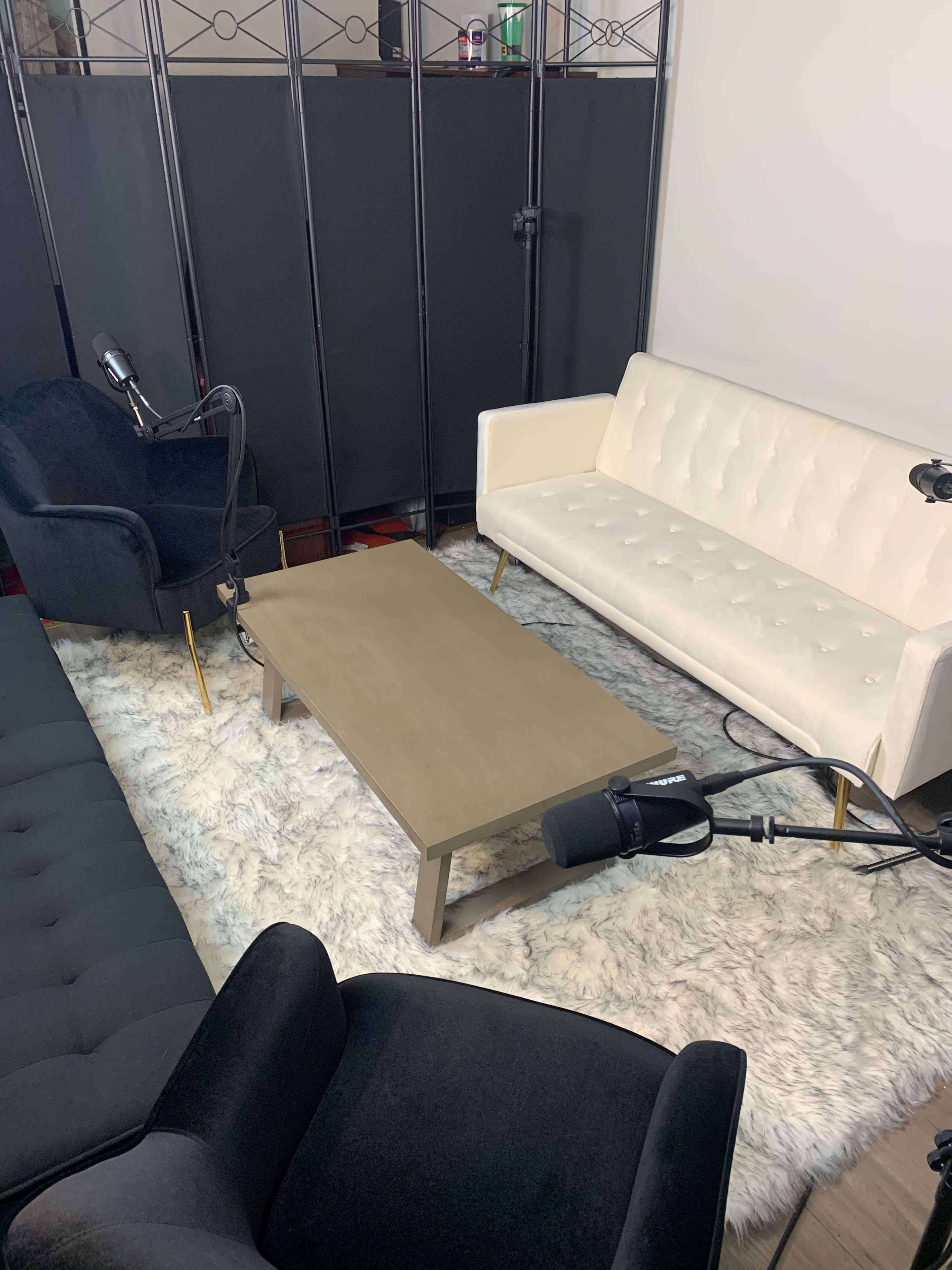 A modern seating area with a white couch, a black armchair, and a coffee table on a white rug, enclosed by a black partition.