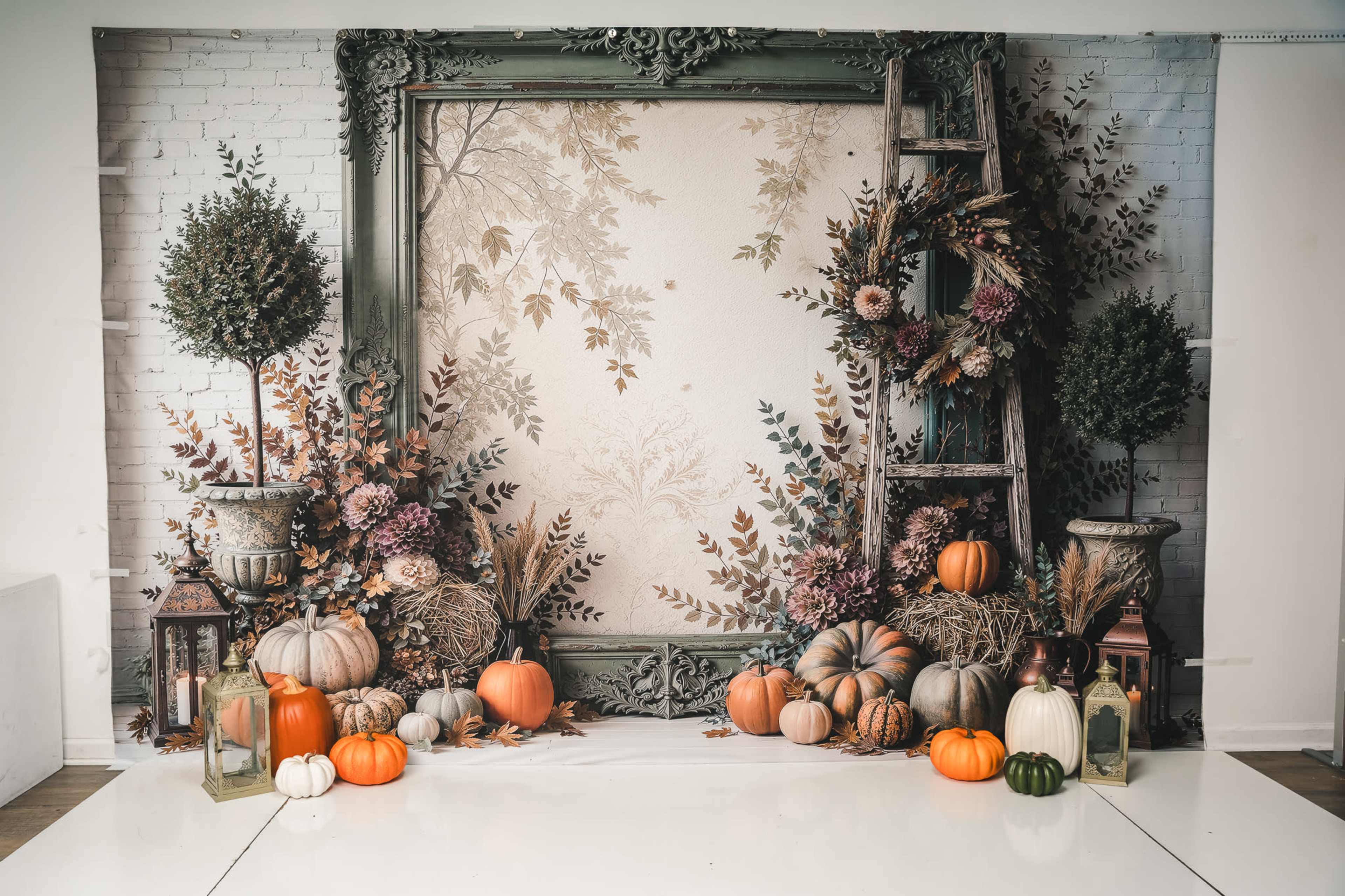 The image features a decorative backdrop with a vintage frame surrounded by autumn-themed decorations, including pumpkins, gourds, and foliage, set against a white brick wall.