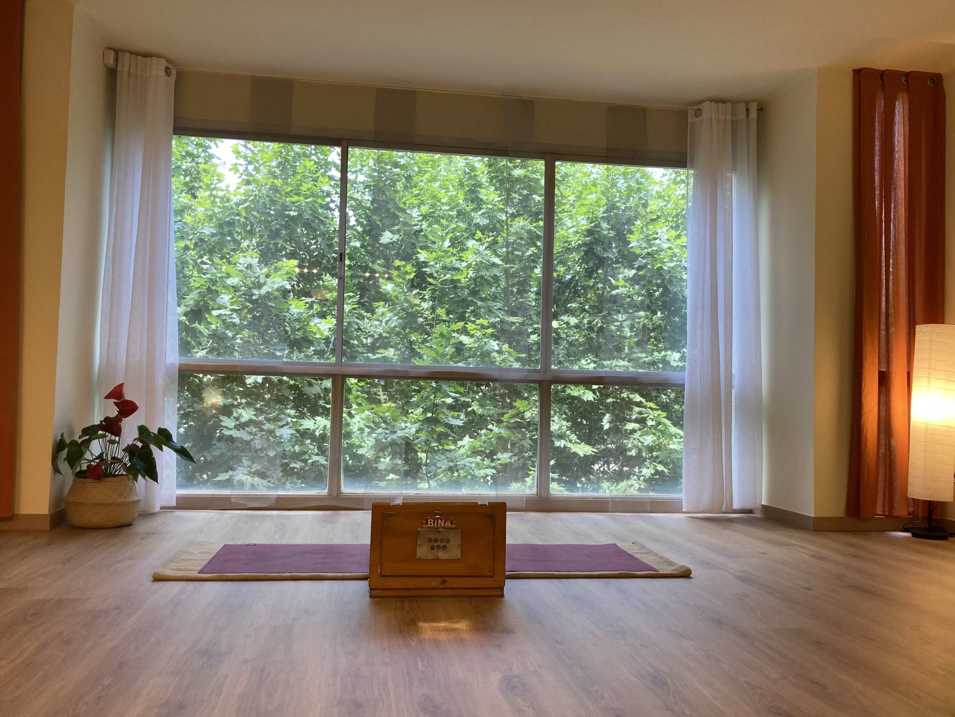 A wooden box sits on a red mat in front of a large window displaying a view of green foliage.