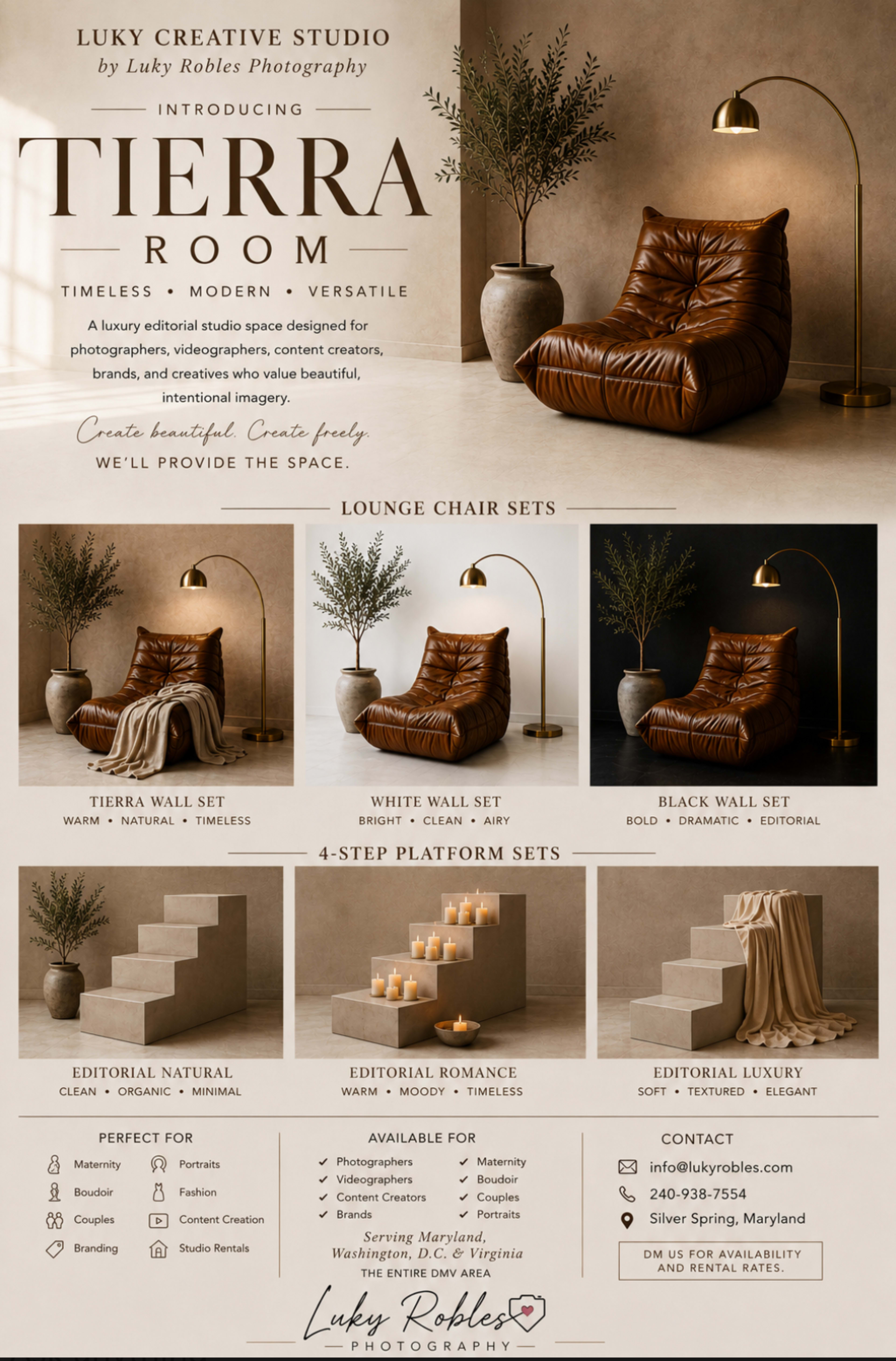 The image showcases a promotional poster for the Tierra Room, featuring various styled lounge chair sets and platform setups available for editorial photography, along with studio contact information.