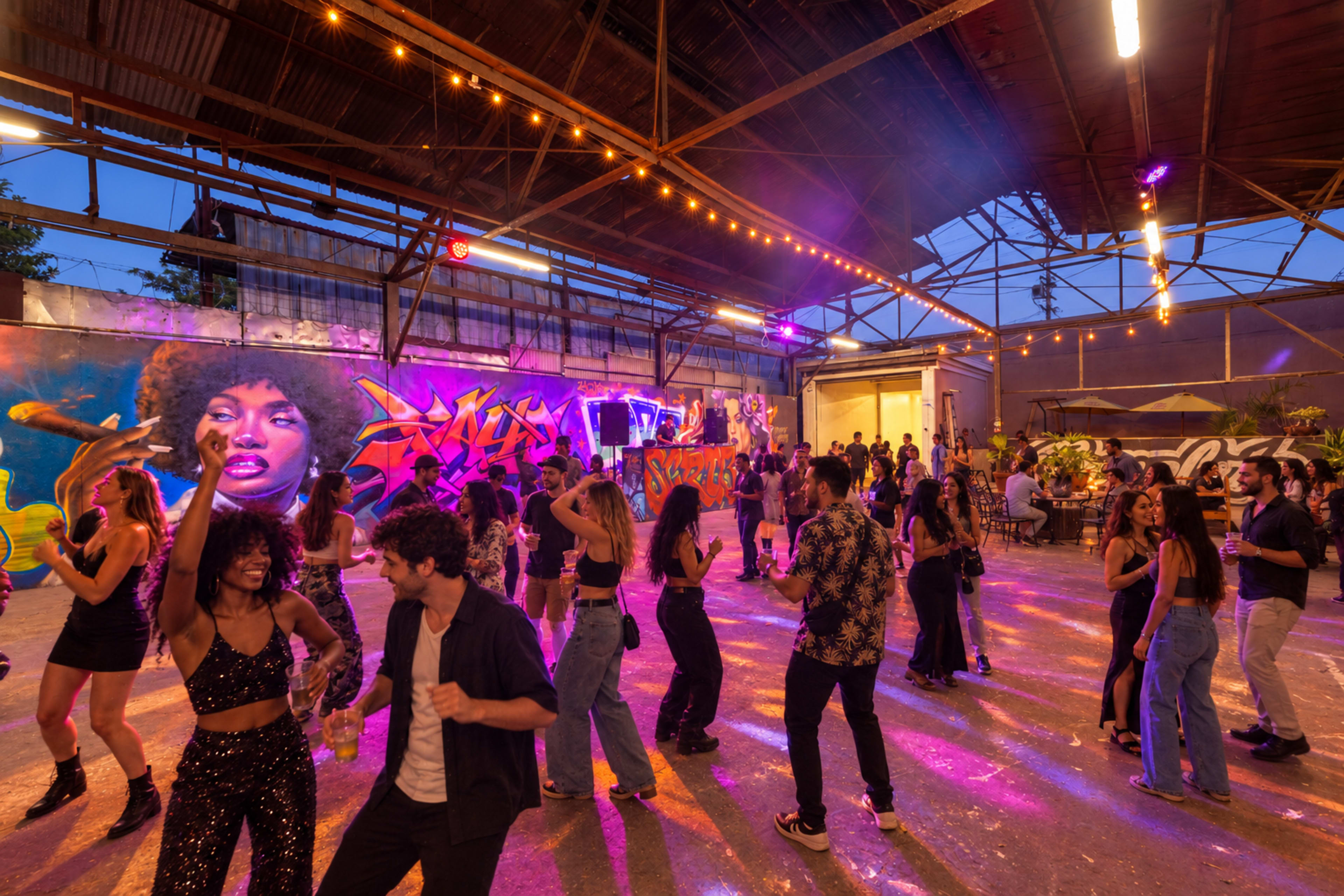 A lively dance party takes place in a spacious industrial venue adorned with vibrant graffiti and colorful lights.