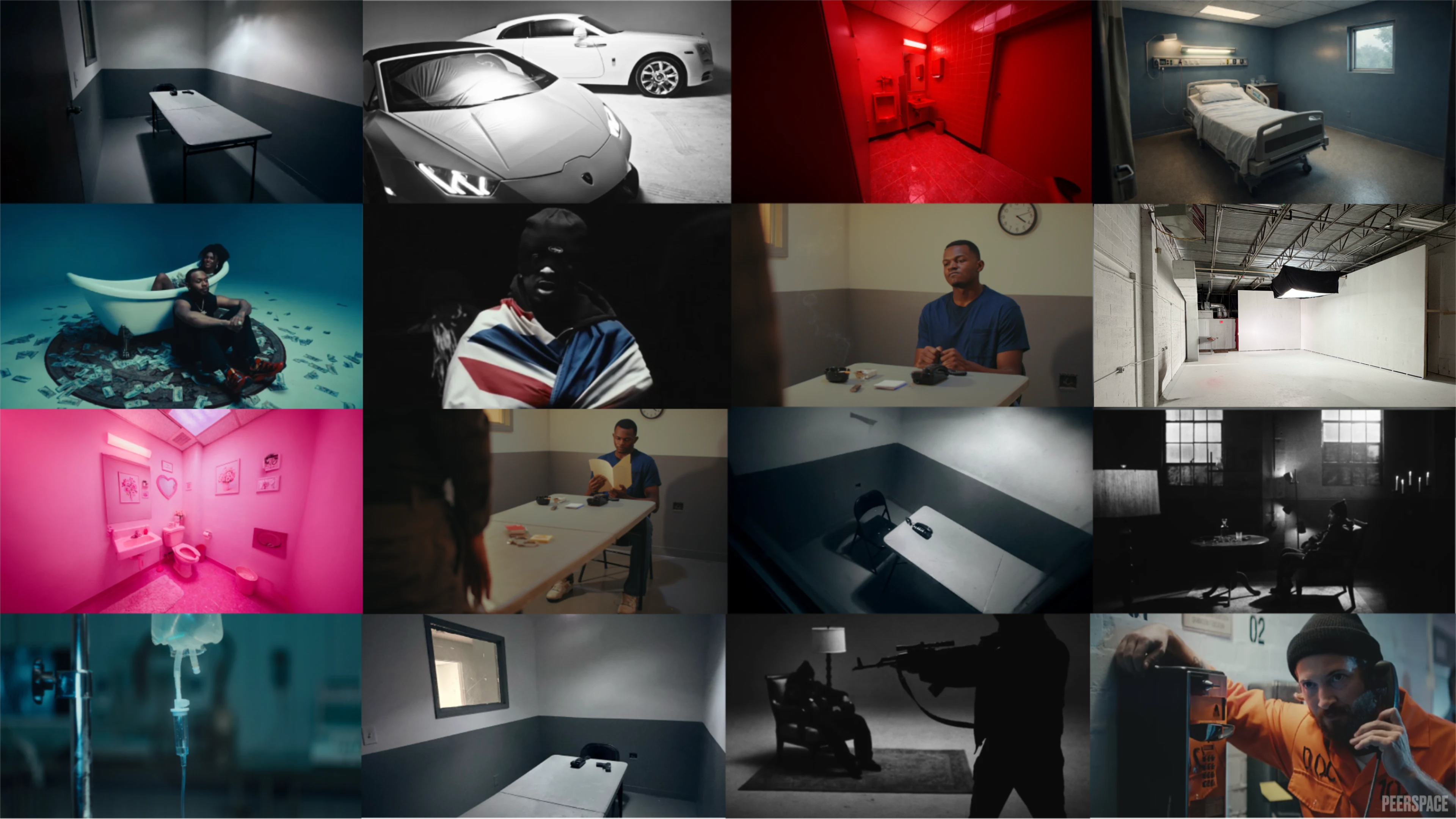The image features a collage of various scenes including a luxury car, a bathtub, a hospital room, and individuals in different colored rooms, some with dramatic lighting and settings resembling interrogation or isolation environments.