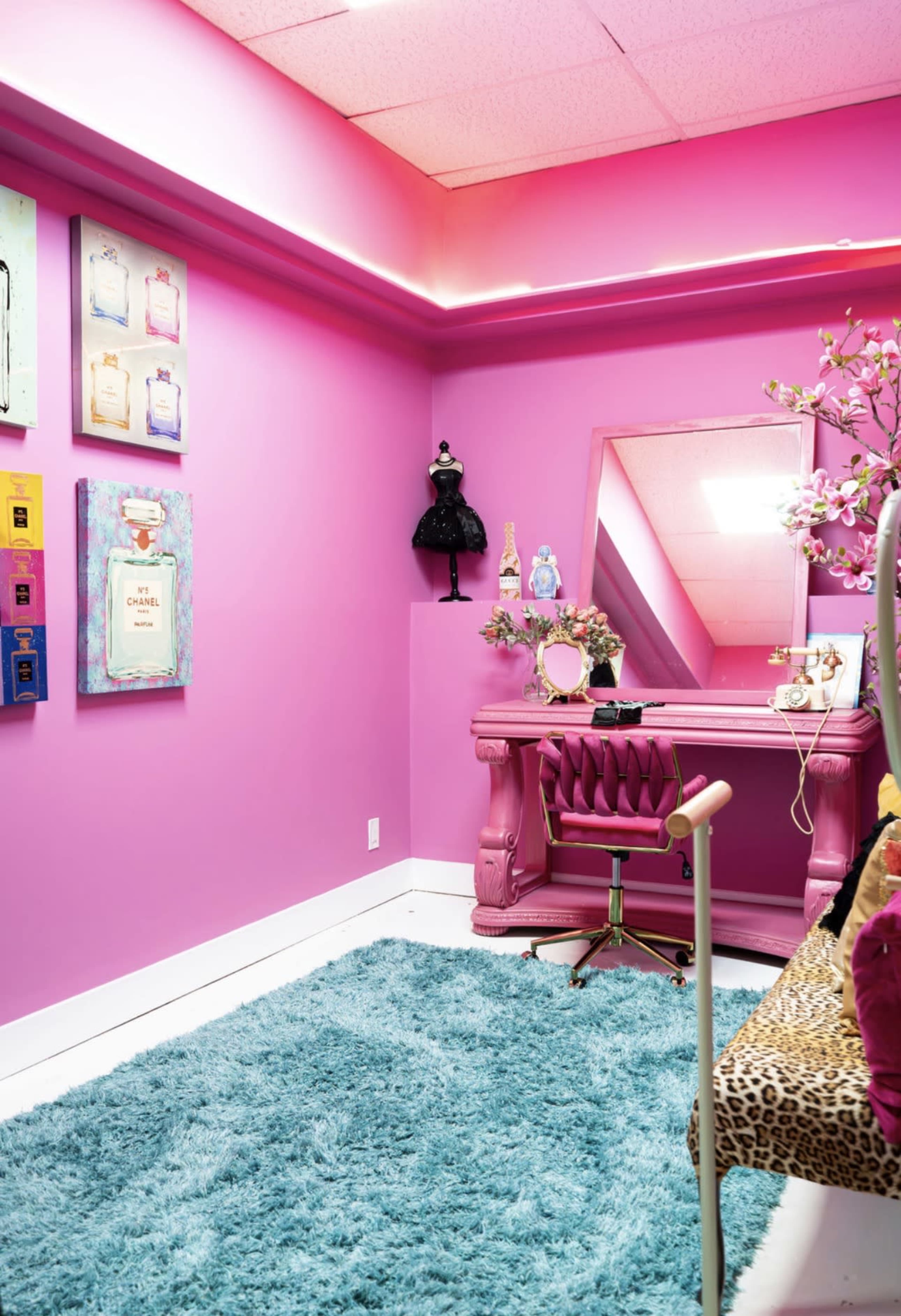 The image shows a vibrant pink room featuring a vanity desk with a mirror, a plush blue rug, and decorative elements on the walls.