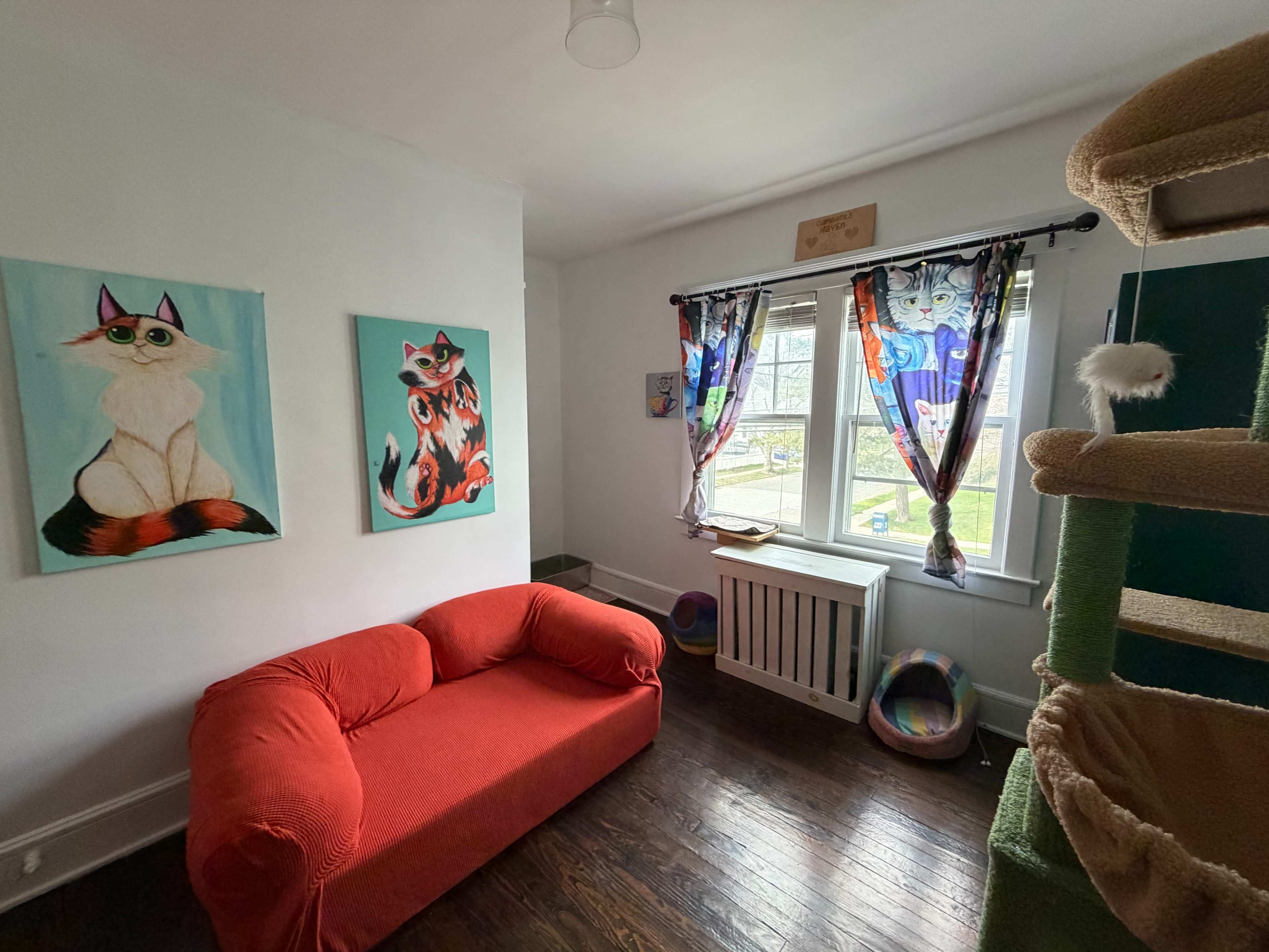The image shows a colorful children's room featuring a red couch, vibrant cat artwork on the walls, and a cat tree near a window with patterned curtains.